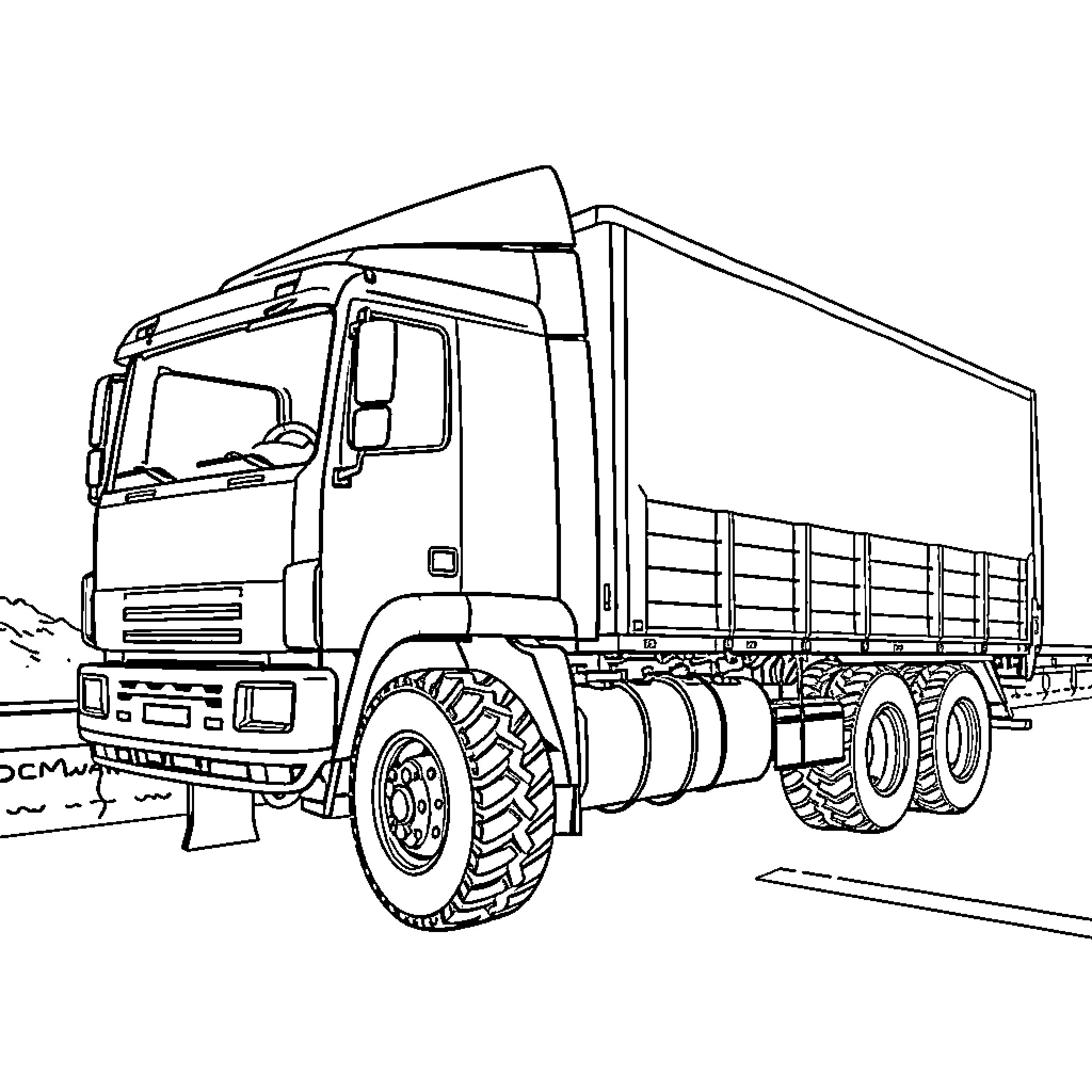 Truck transporting cargo on a rural road Coloring Page (free black-and-white line drawing printable PDF for all, from beginners to advanced learners, including children, teens, adults, and seniors)