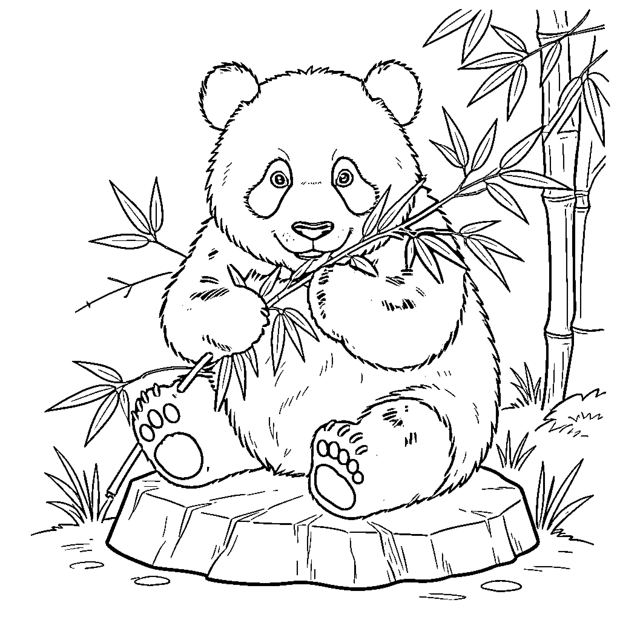 Panda enjoying bamboo in nature Coloring Page (free black-and-white line drawing printable PDF for all, from beginners to advanced learners, including children, teens, adults, and seniors)