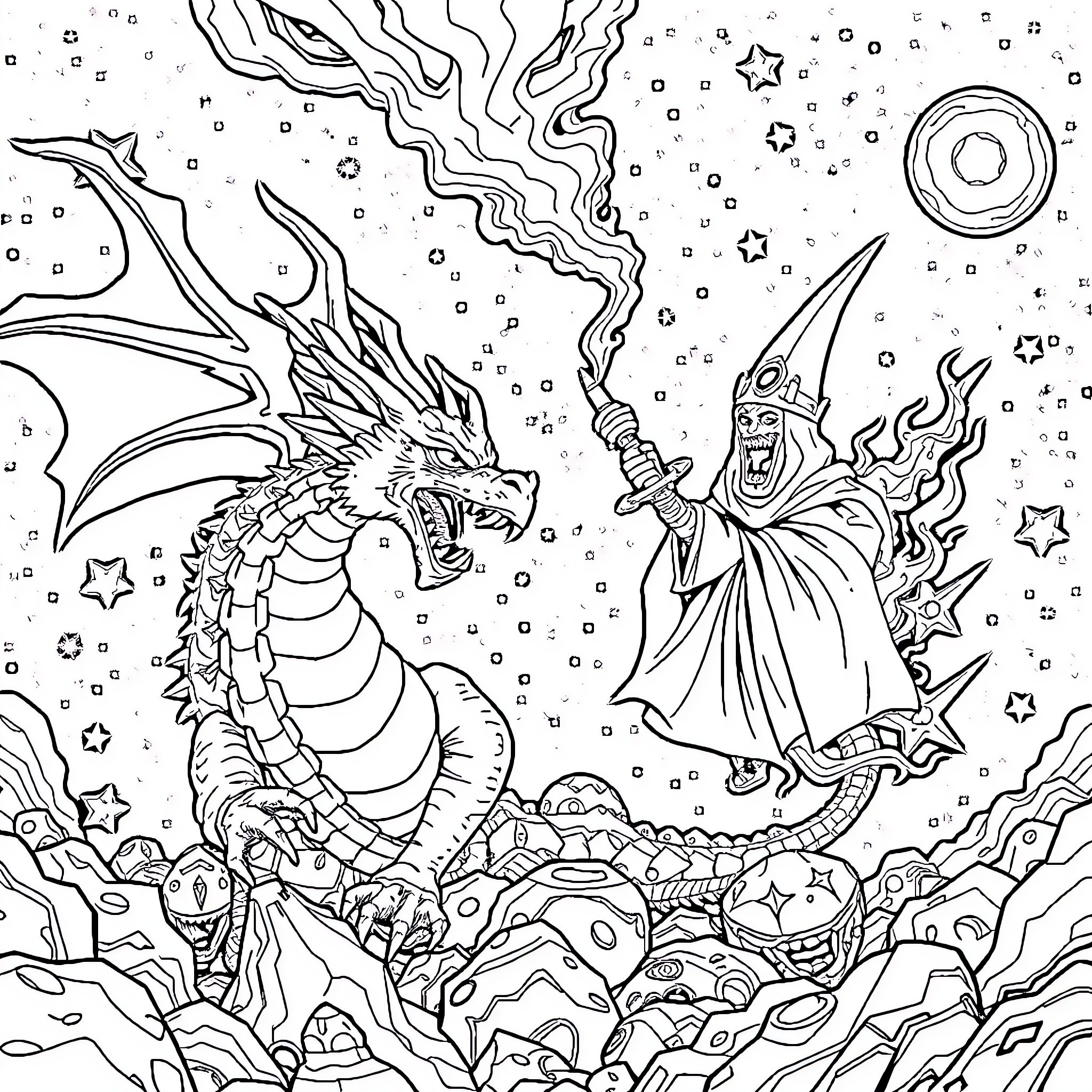 Dragon and a Wizard Battling in a Cosmic Landscape Coloring Page (free black-and-white line drawing printable PDF for all, from beginners to advanced learners, including children, teens, adults, and seniors)