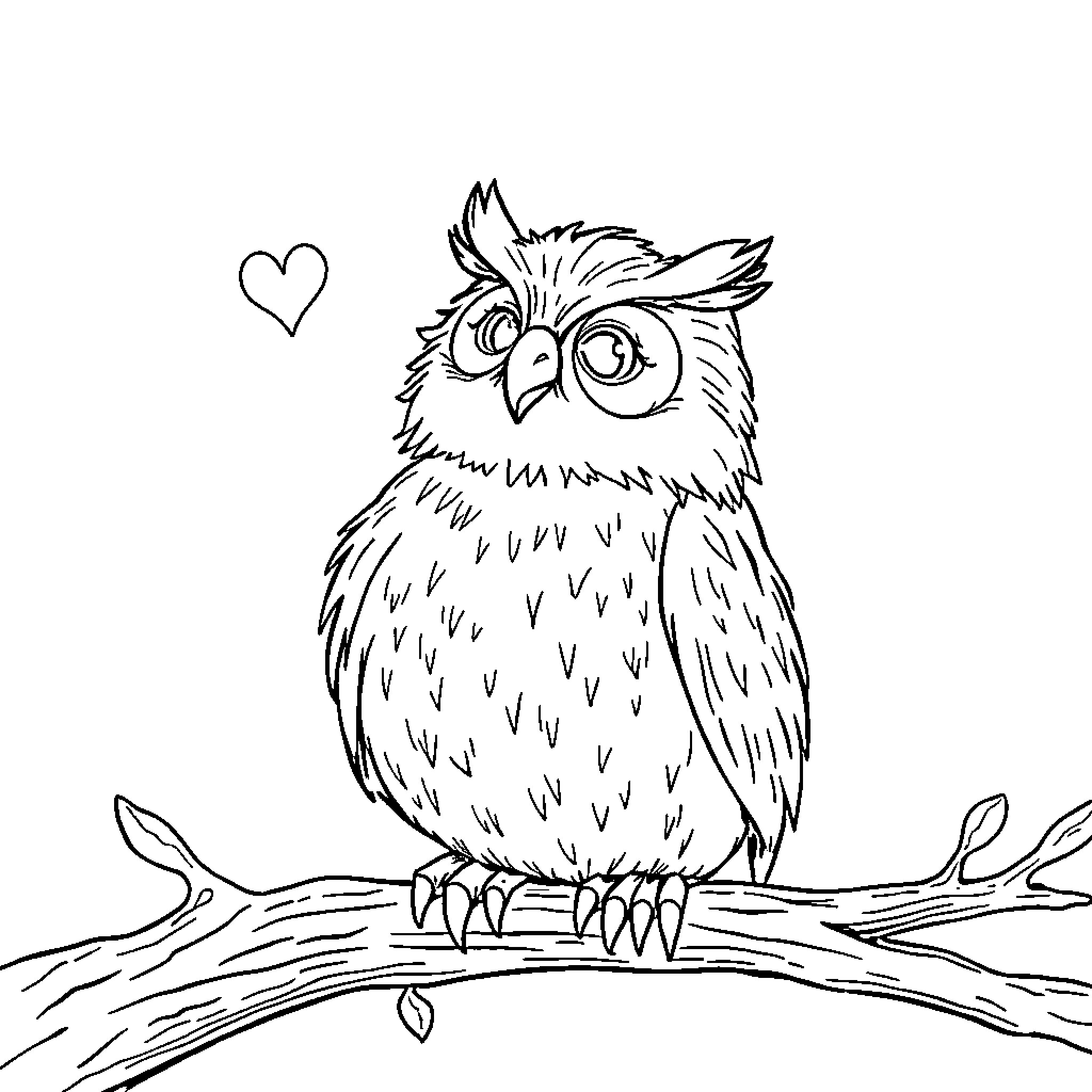 Bear Owl on a Perch with Heart Coloring Page (free black-and-white line drawing printable PDF for all, from beginners to advanced learners, including children, teens, adults, and seniors)