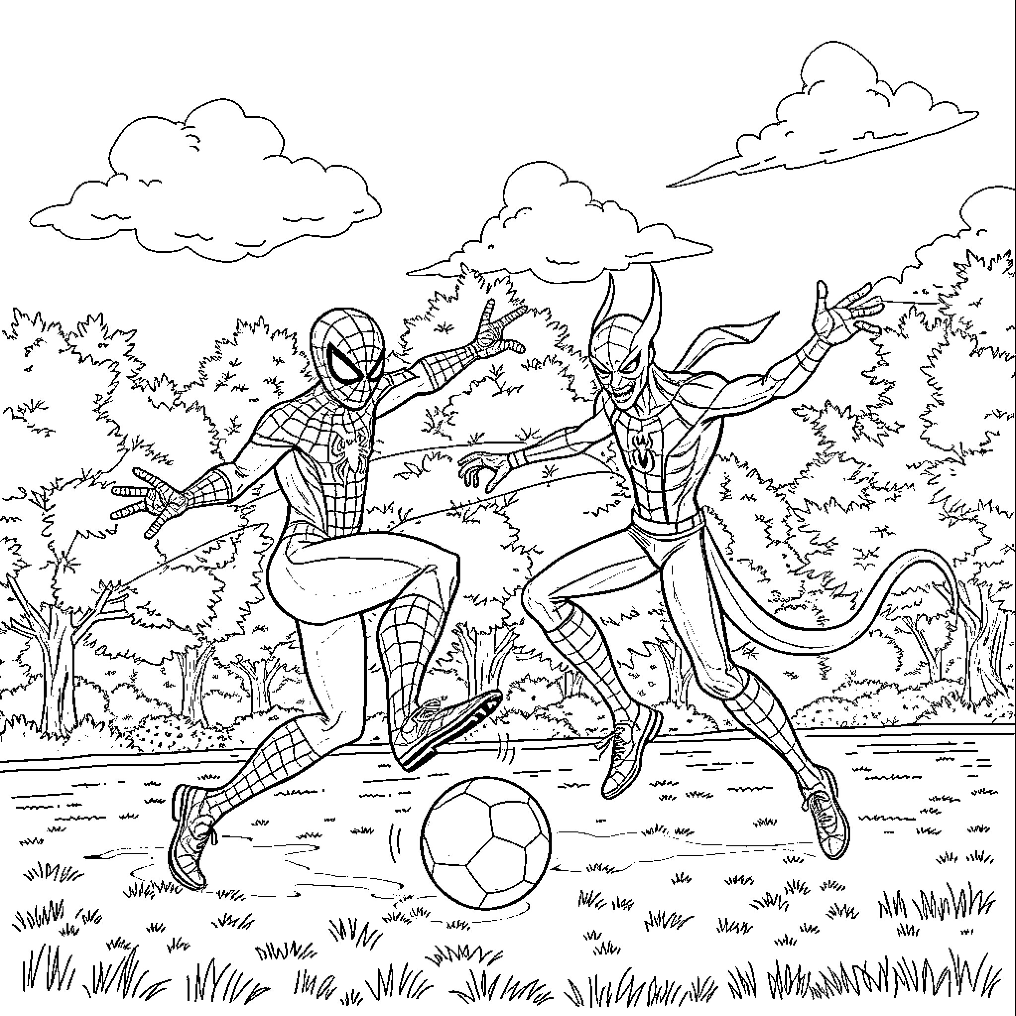 Spidey heroes battle on the field with soccer ball Coloring Page (free black-and-white line drawing printable PDF for all, from beginners to advanced learners, including children, teens, adults, and seniors)