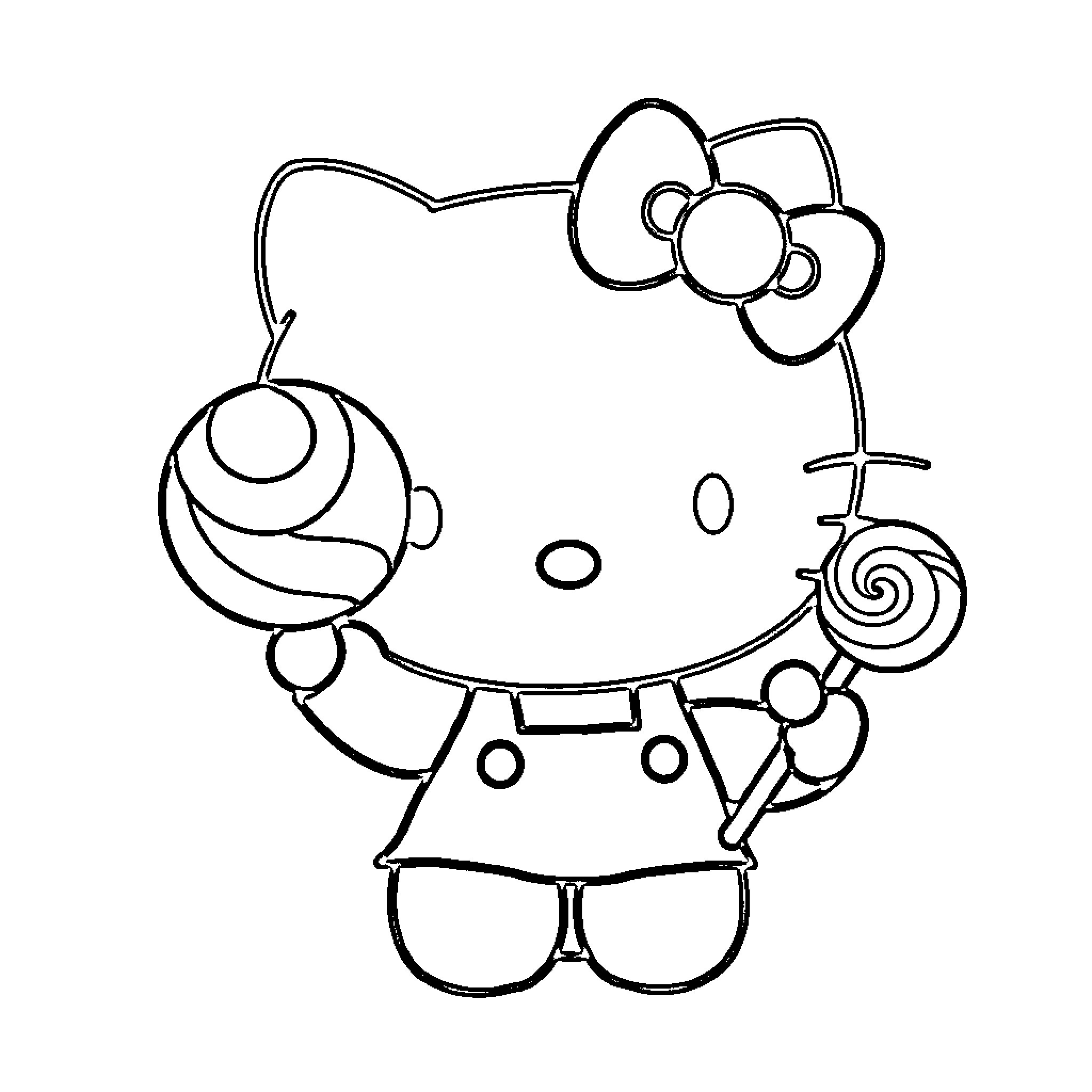Hello Kitty playing with toys Coloring Page (free black-and-white line drawing printable PDF for all, from beginners to advanced learners, including children, teens, adults, and seniors)