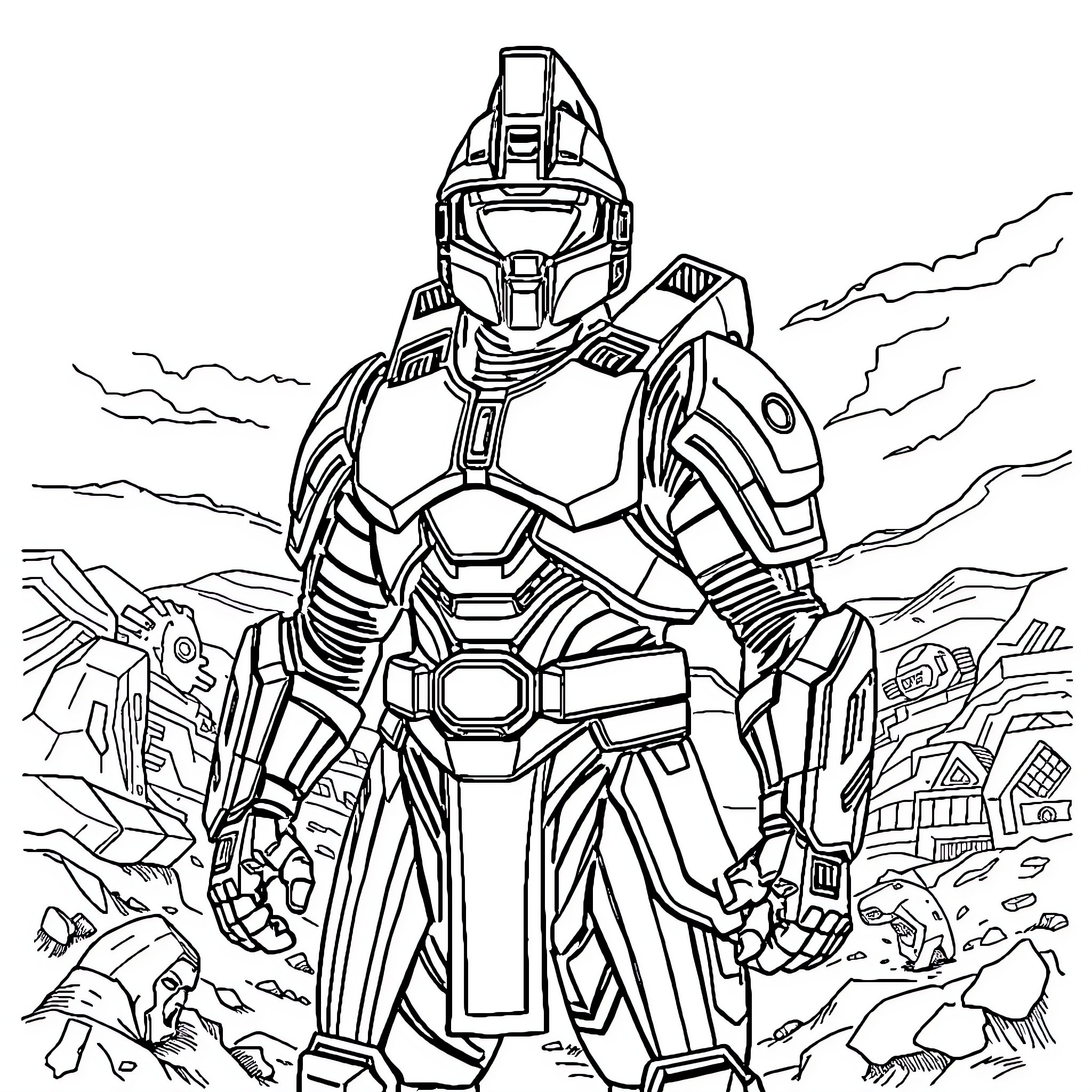 Halo Spartan Warrior in Armored Suit on Alien Landscape Coloring Page (free black-and-white line drawing printable PDF for all, from beginners to advanced learners, including children, teens, adults, and seniors)