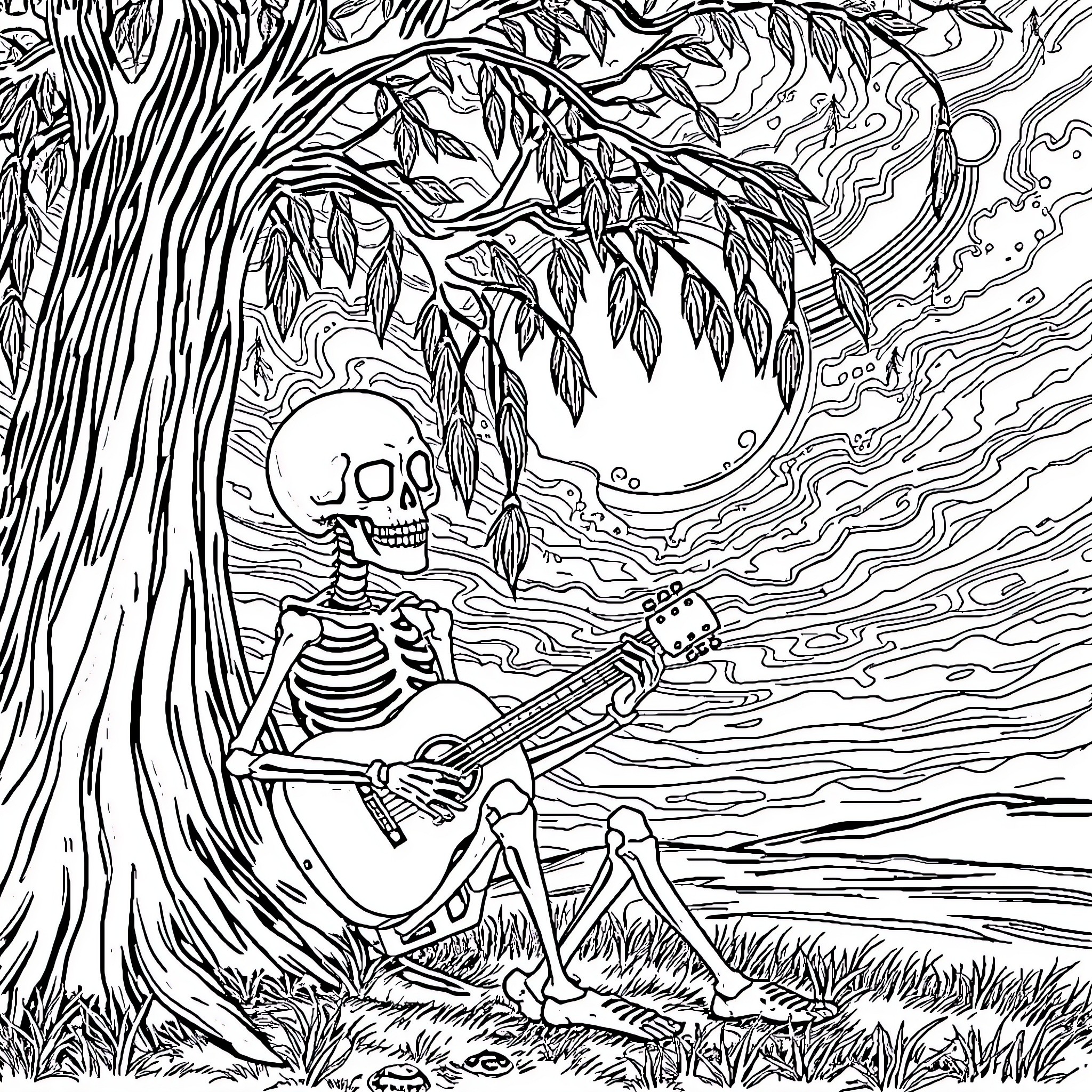 Skeleton playing guitar in enchanted forest Coloring Page (free black-and-white line drawing printable PDF for all, from beginners to advanced learners, including children, teens, adults, and seniors)