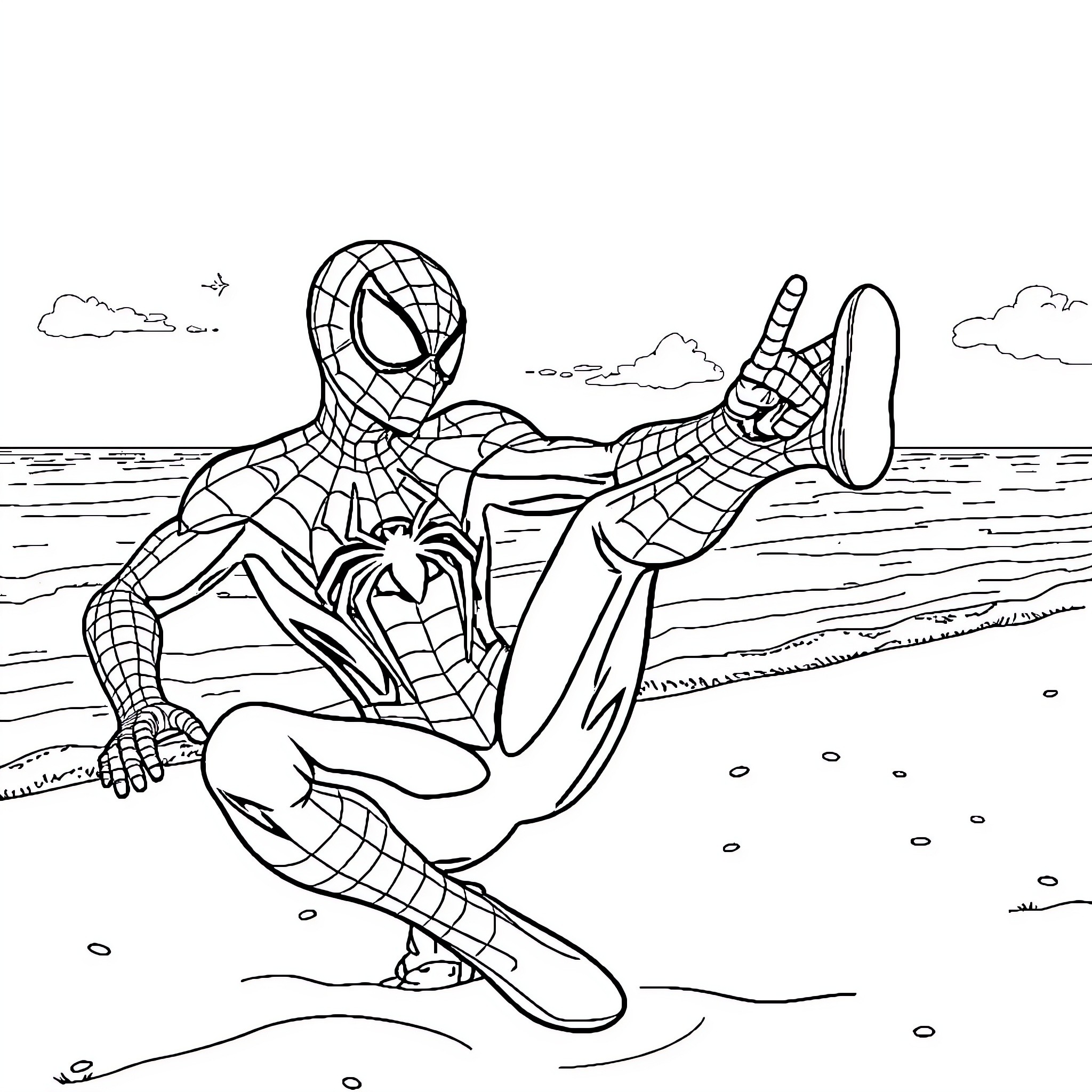 Spiderman crawling on the beach Coloring Page (free black-and-white line drawing printable PDF for all, from beginners to advanced learners, including children, teens, adults, and seniors)