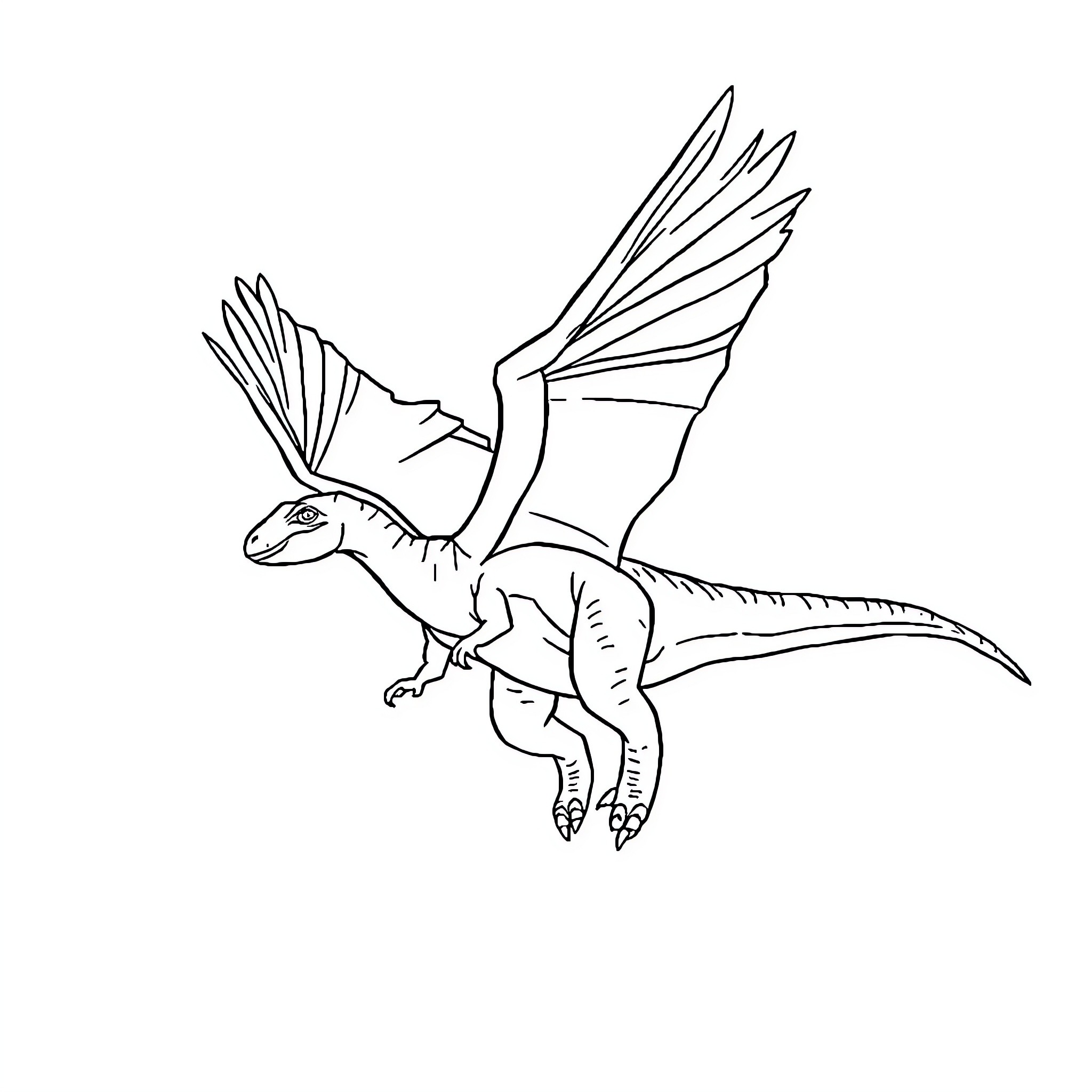Flying Dinosaur soaring through the air Coloring Page (free black-and-white line drawing printable PDF for all, from beginners to advanced learners, including children, teens, adults, and seniors)