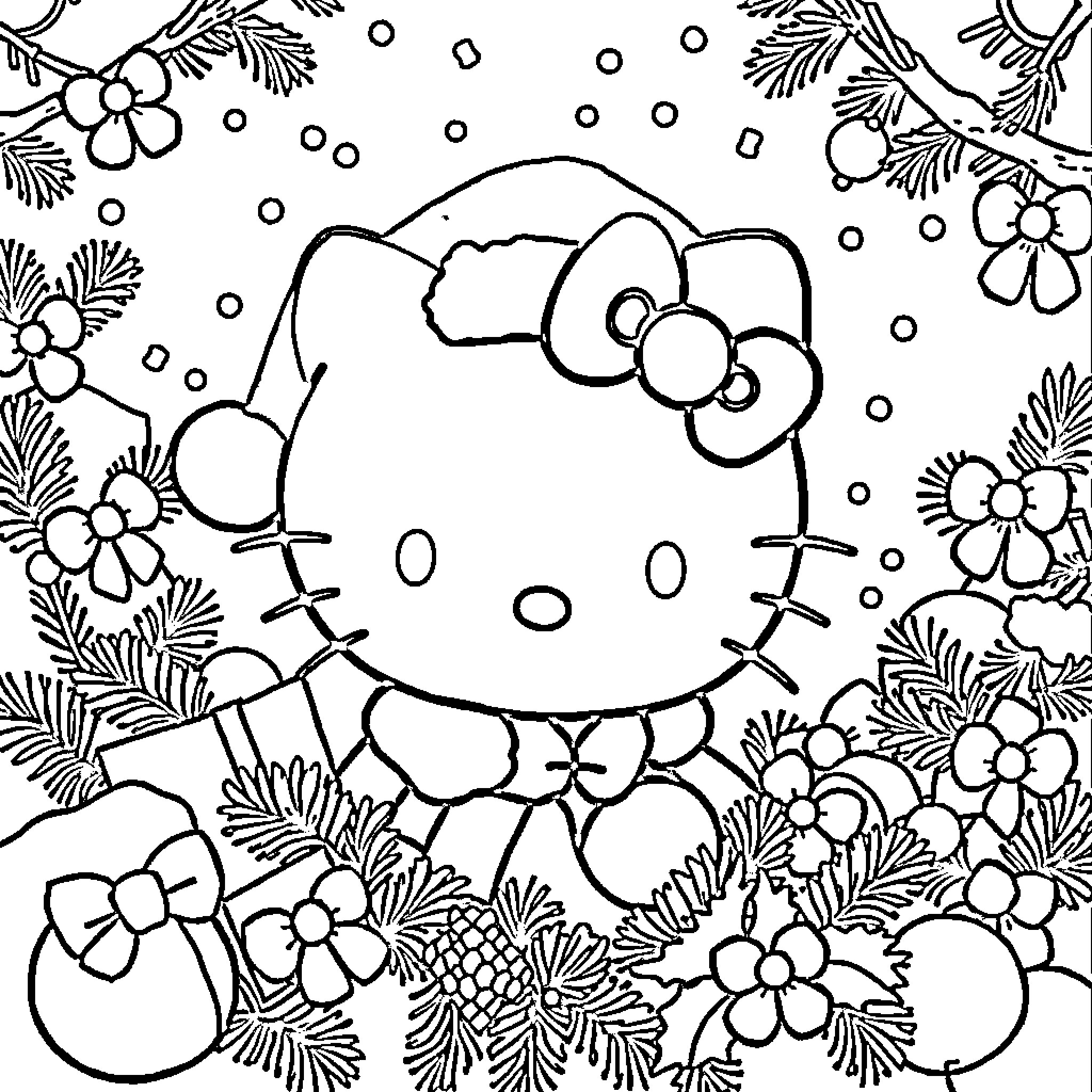 Hello Kitty in a winter wonderland Coloring Page (free black-and-white line drawing printable PDF for all, from beginners to advanced learners, including children, teens, adults, and seniors)