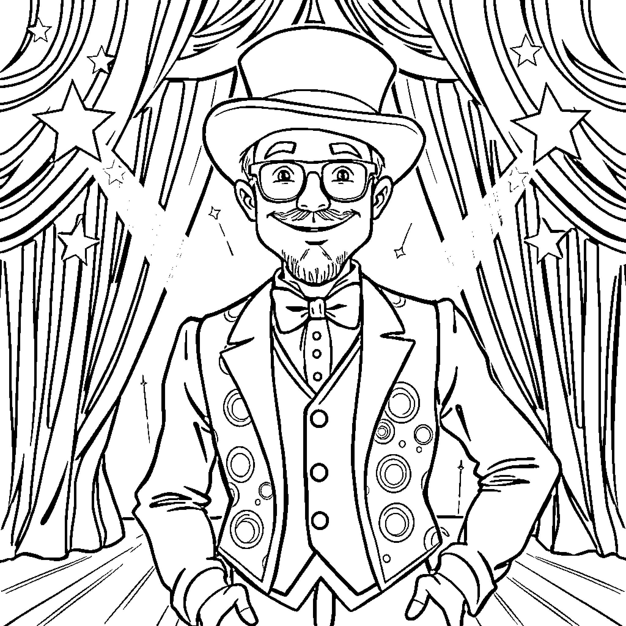 Magician performing on stage with curtains and stars Coloring Page (free black-and-white line drawing printable PDF for all, from beginners to advanced learners, including children, teens, adults, and seniors)
