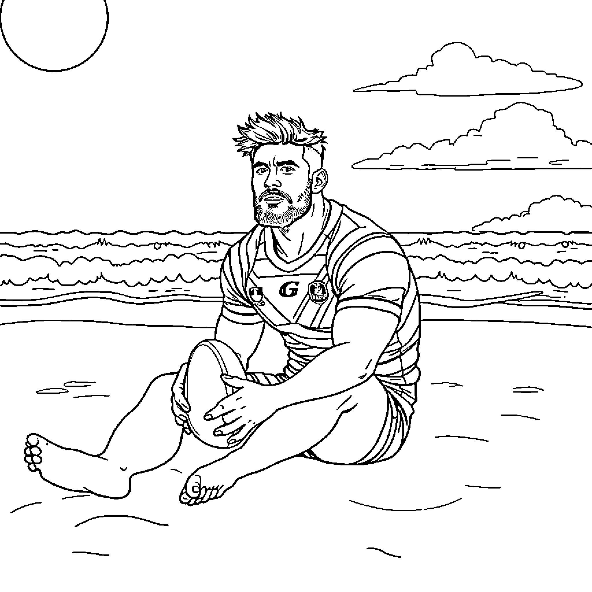Rugby Player Sitting on Beach in Contemplation Coloring Page (free black-and-white line drawing printable PDF for all, from beginners to advanced learners, including children, teens, adults, and seniors)