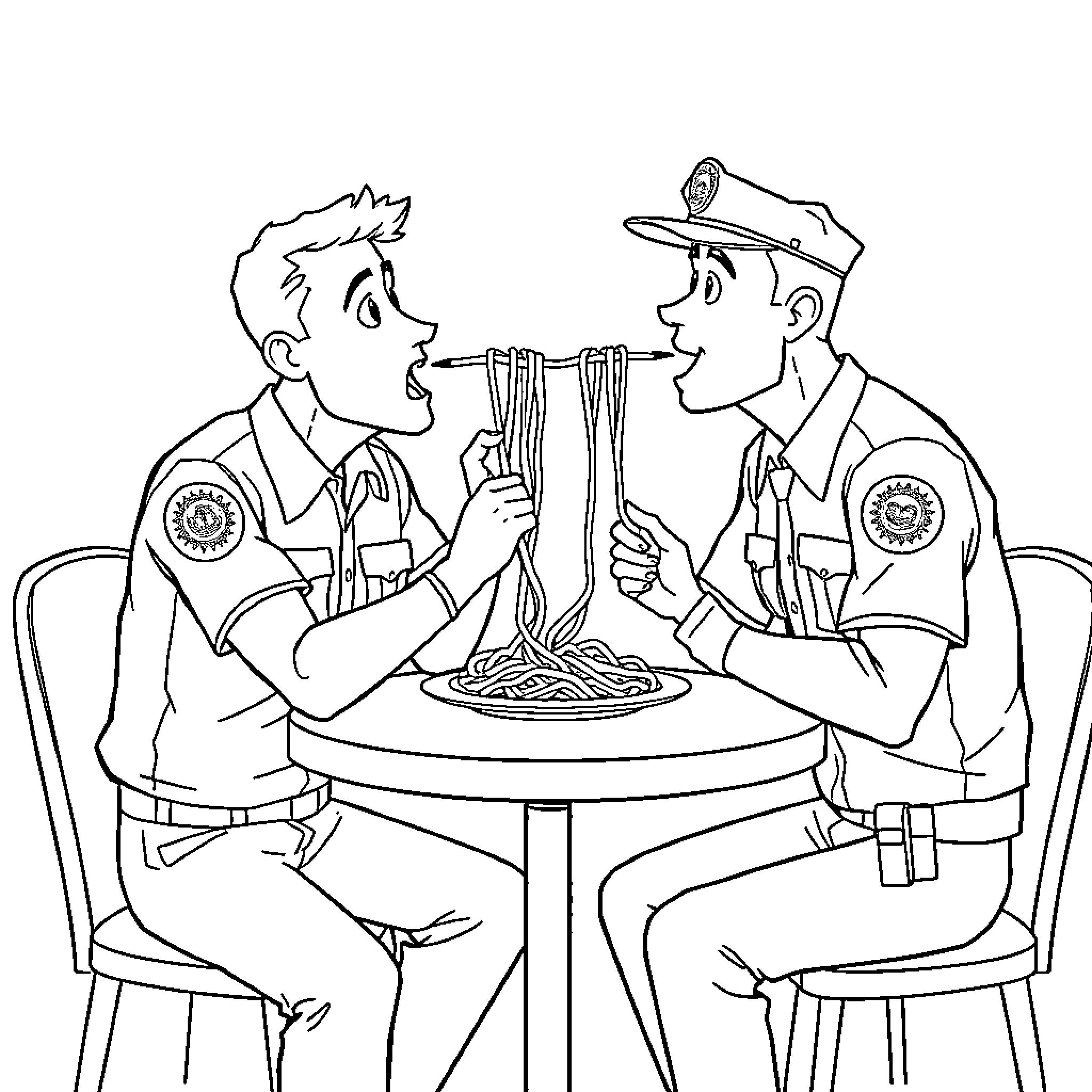 Agents Sharing a Meal Over Conversation Coloring Page (free black-and-white line drawing printable PDF for all, from beginners to advanced learners, including children, teens, adults, and seniors)