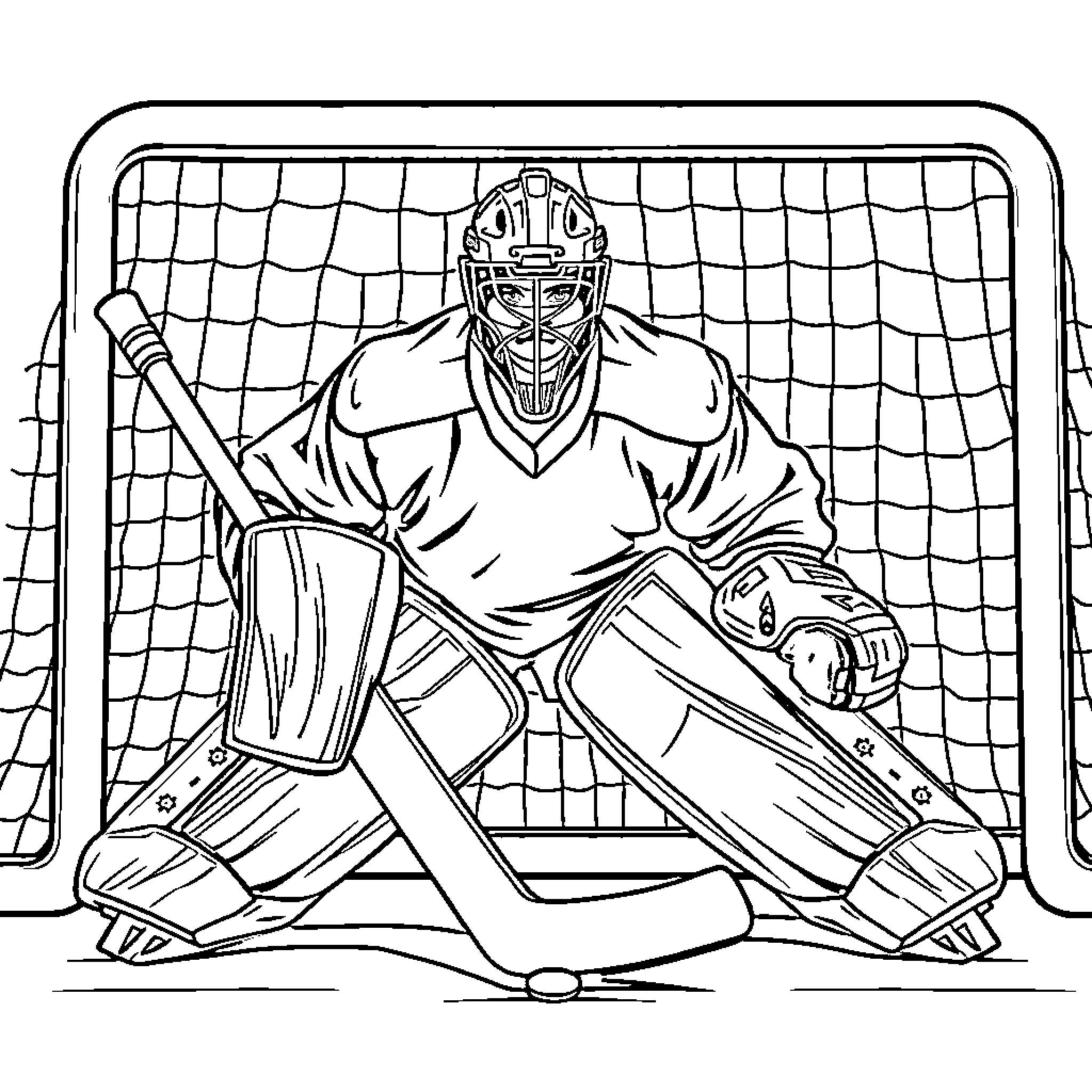 Hockey Goalie Guarding the Net Coloring Page (free black-and-white line drawing printable PDF for all, from beginners to advanced learners, including children, teens, adults, and seniors)