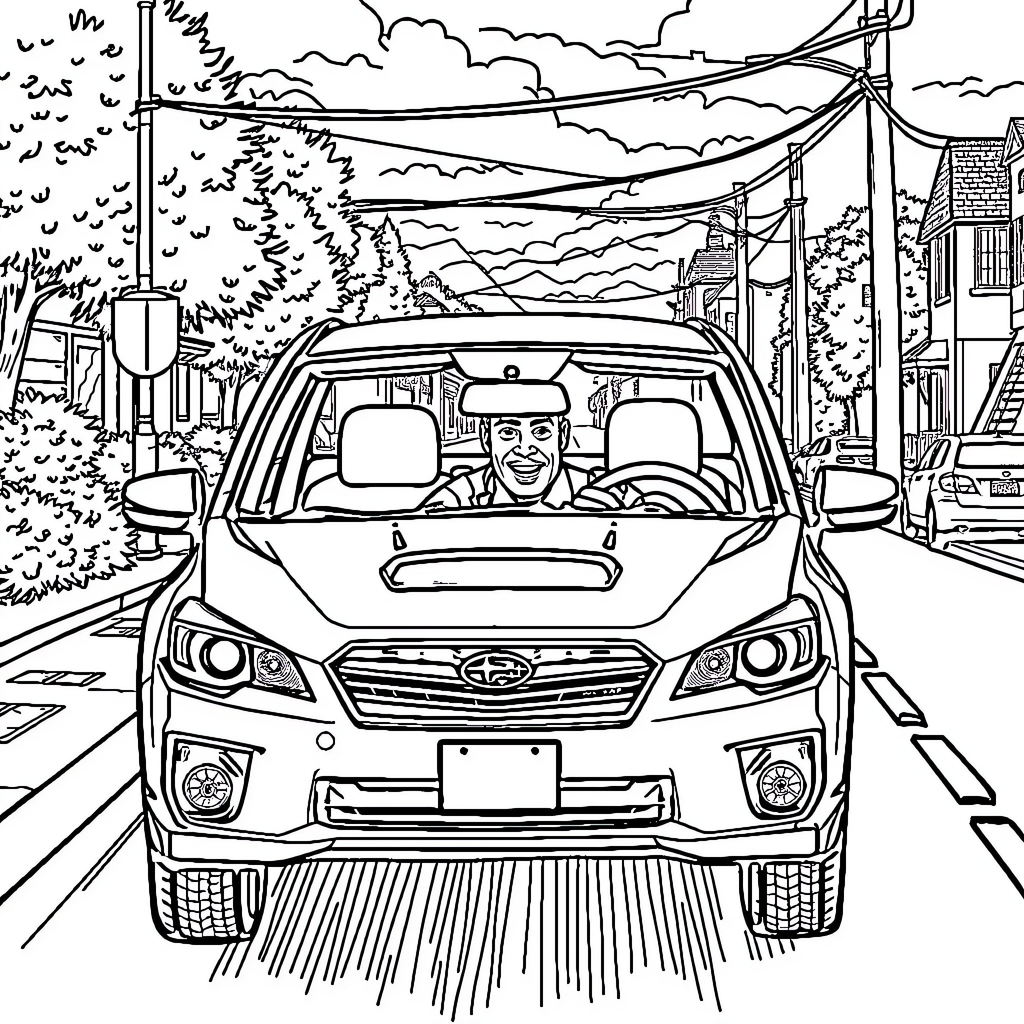 Jehovah's Witness preaching while driving a car Coloring Page (free black-and-white line drawing printable PDF for all, from beginners to advanced learners, including children, teens, adults, and seniors)