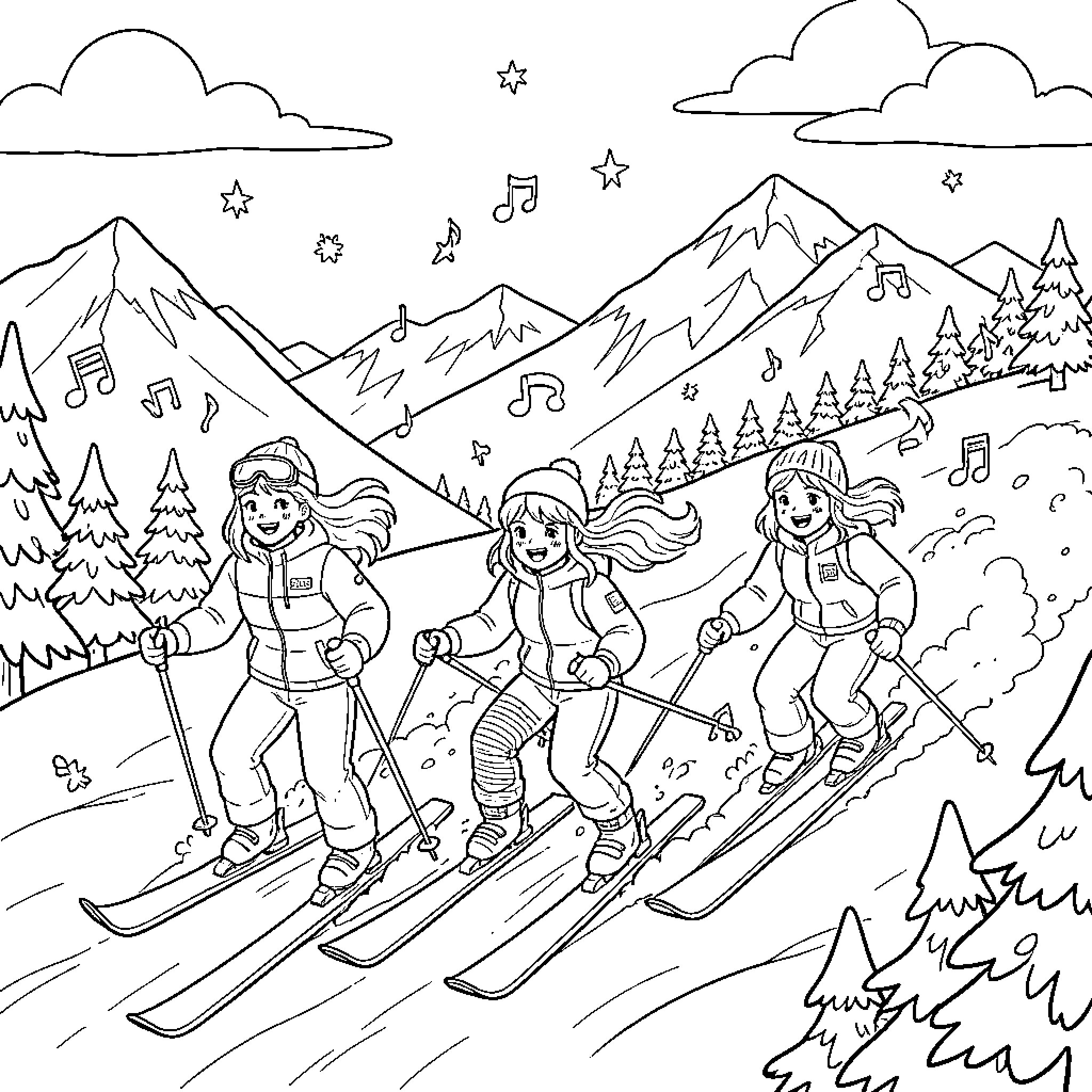 Kpop Idols Skiing Down the Snowy Mountain Coloring Page (free black-and-white line drawing printable PDF for all, from beginners to advanced learners, including children, teens, adults, and seniors)