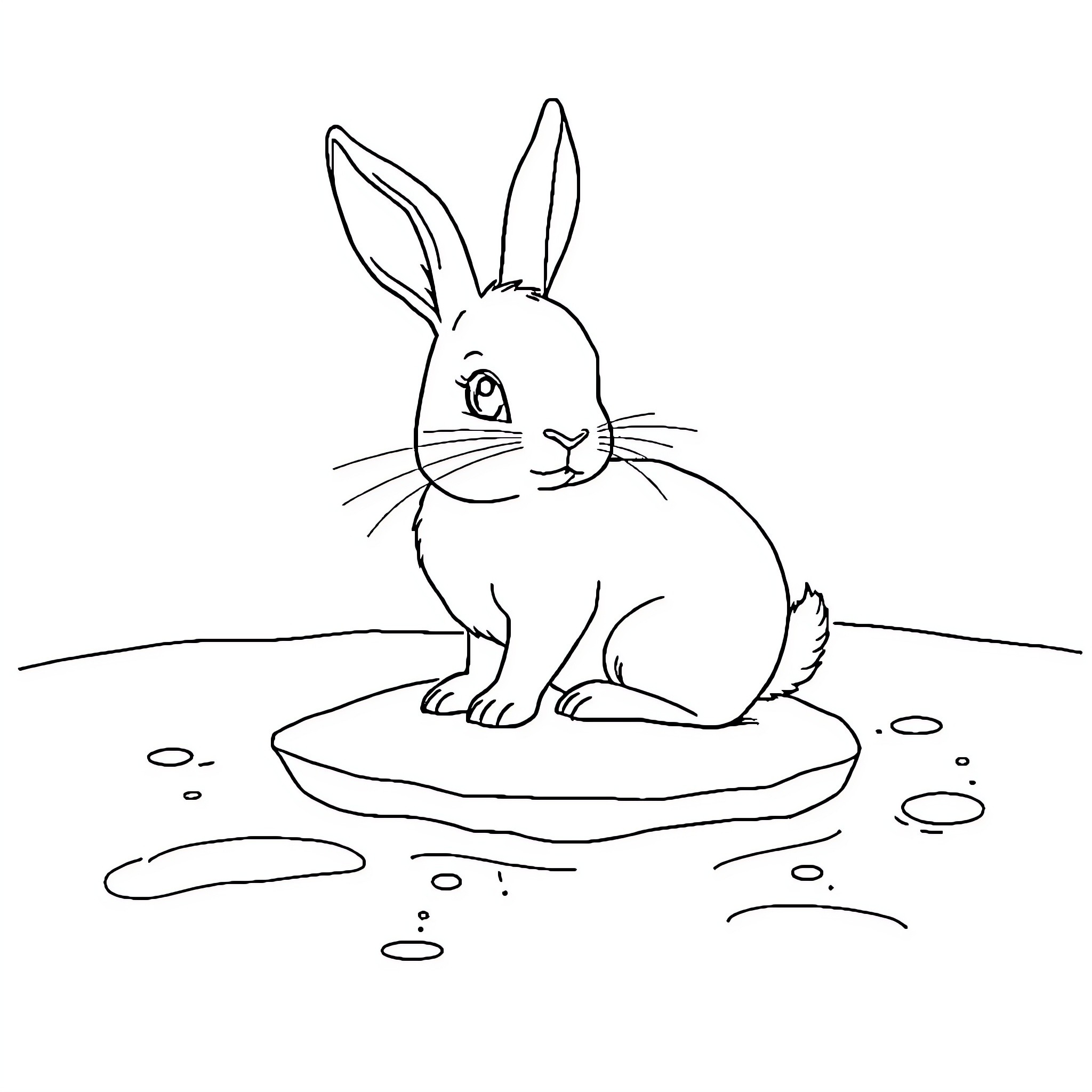 Rabbit sitting calmly on a rock Coloring Page (free black-and-white line drawing printable PDF for all, from beginners to advanced learners, including children, teens, adults, and seniors)