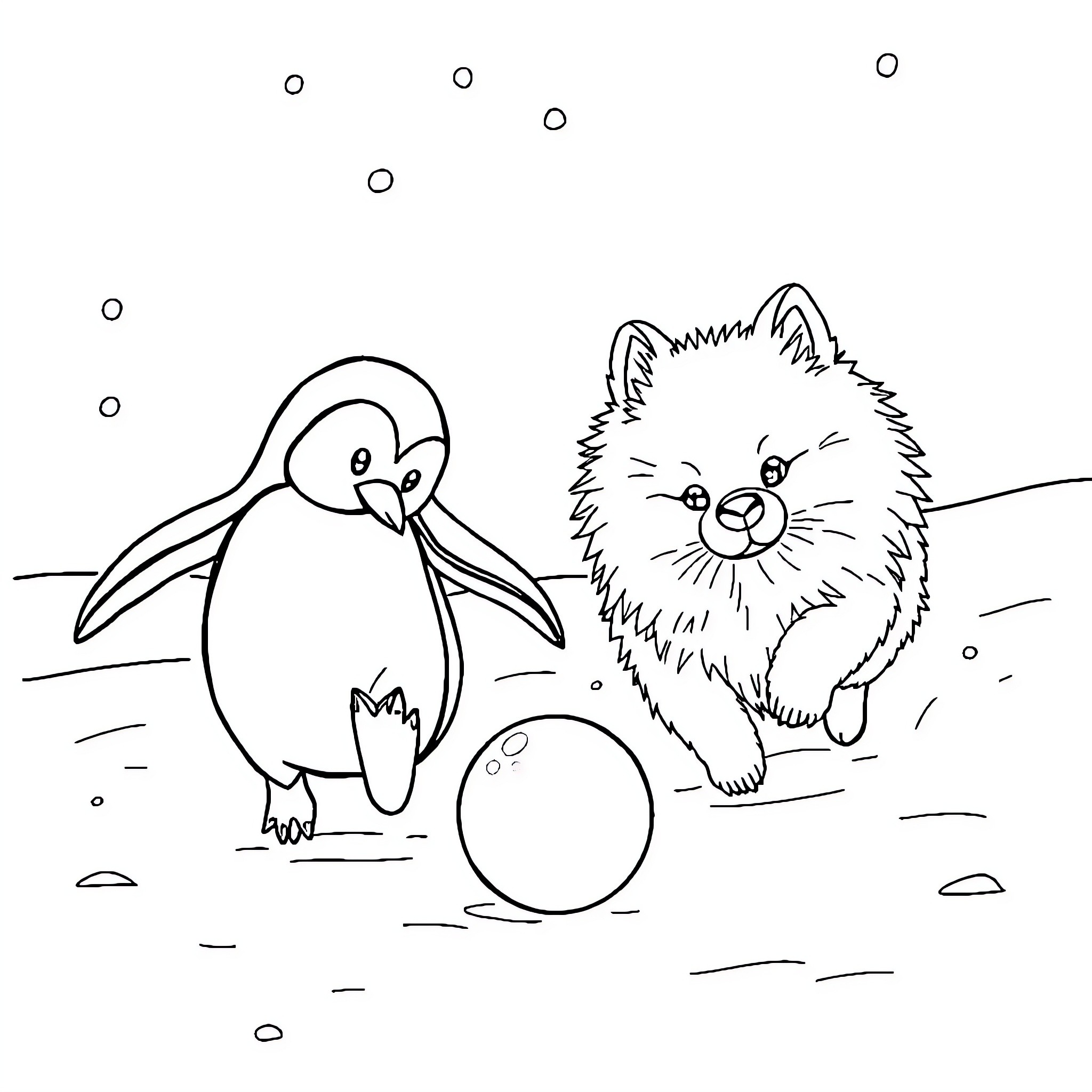 Penguin and cat playing in the snow Coloring Page (free black-and-white line drawing printable PDF for all, from beginners to advanced learners, including children, teens, adults, and seniors)