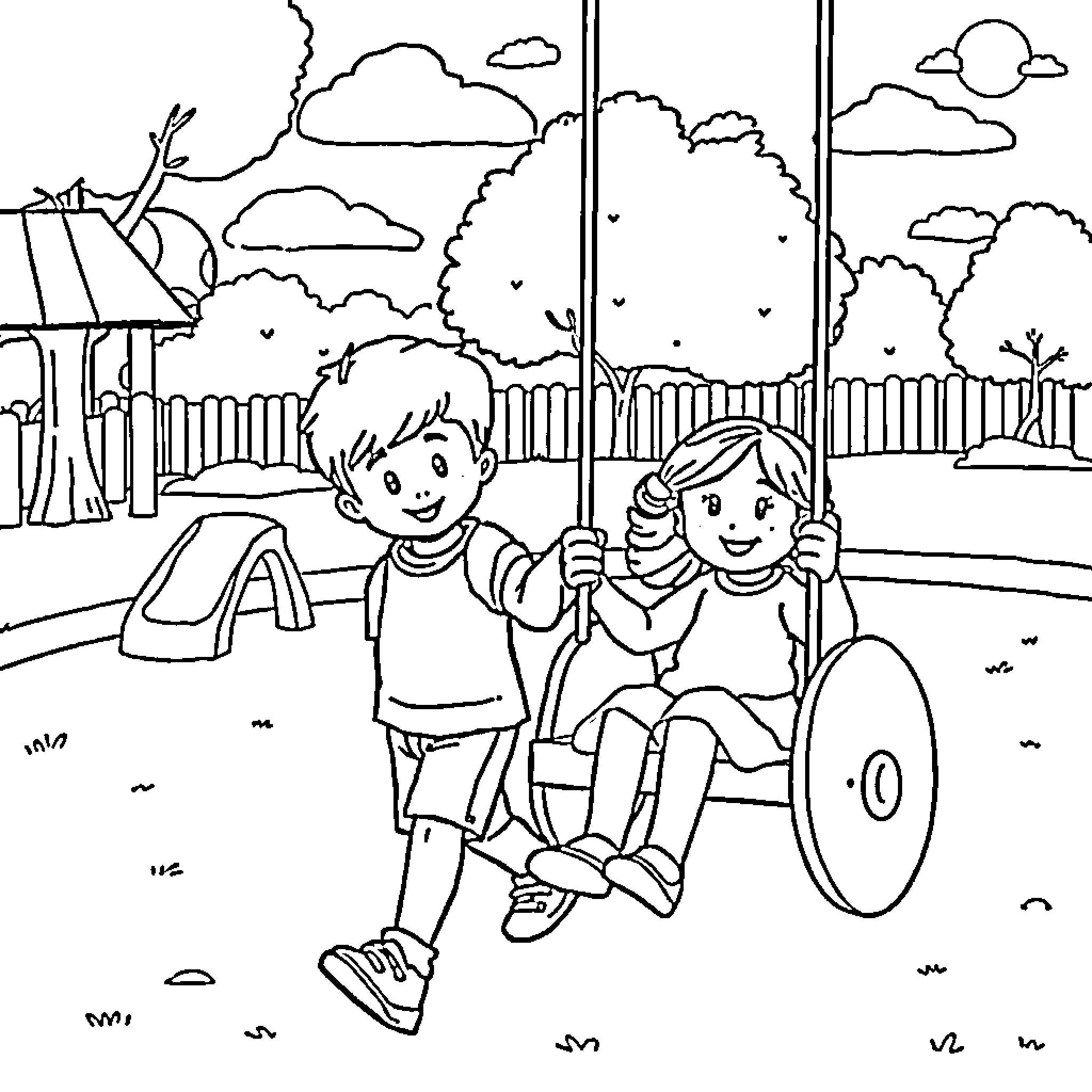 Brother and Sister Enjoying Outdoor Adventure Coloring Page (free black-and-white line drawing printable PDF for all, from beginners to advanced learners, including children, teens, adults, and seniors)