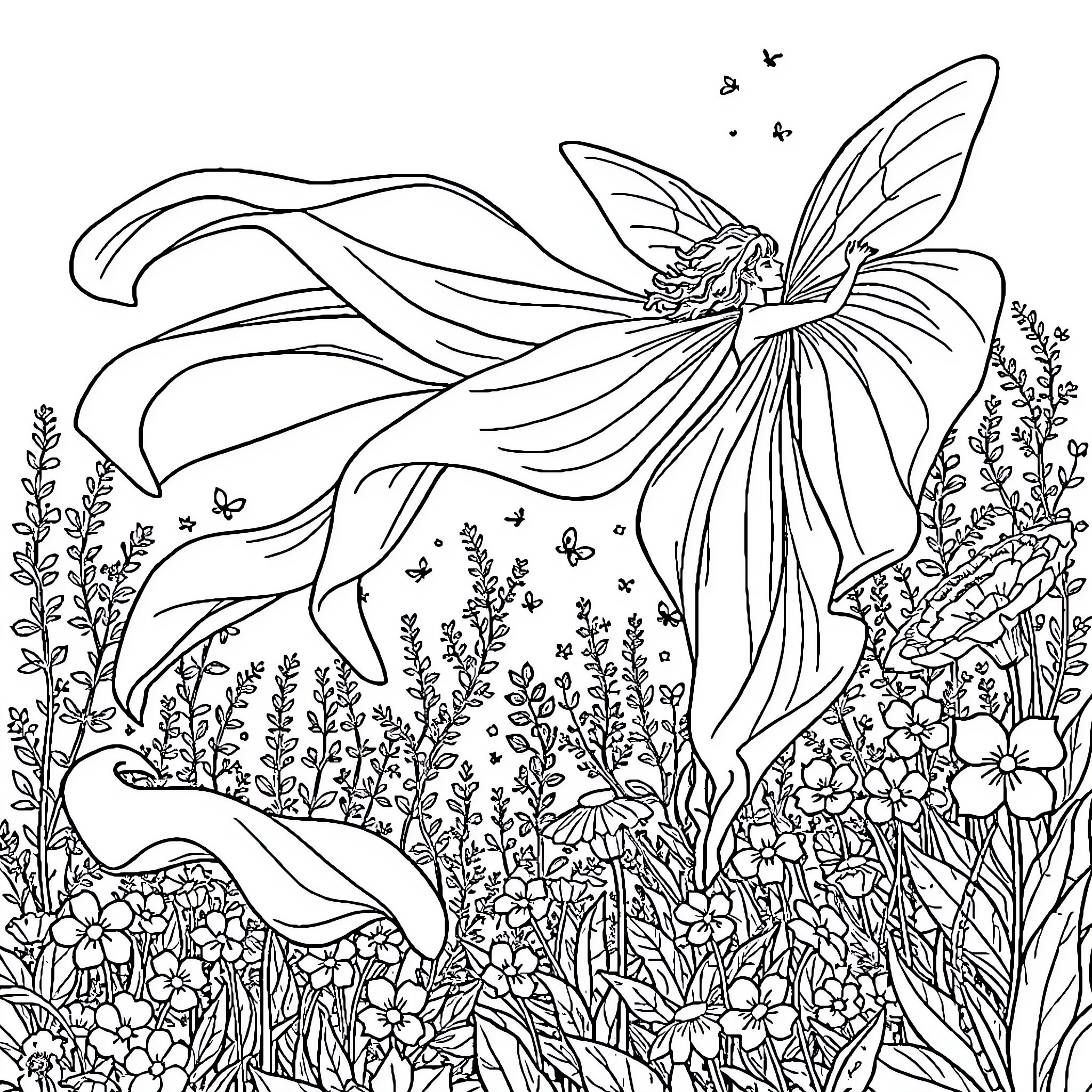 Fairy floating gracefully amidst a lush, floral landscape Coloring Page (free black-and-white line drawing printable PDF for all, from beginners to advanced learners, including children, teens, adults, and seniors)