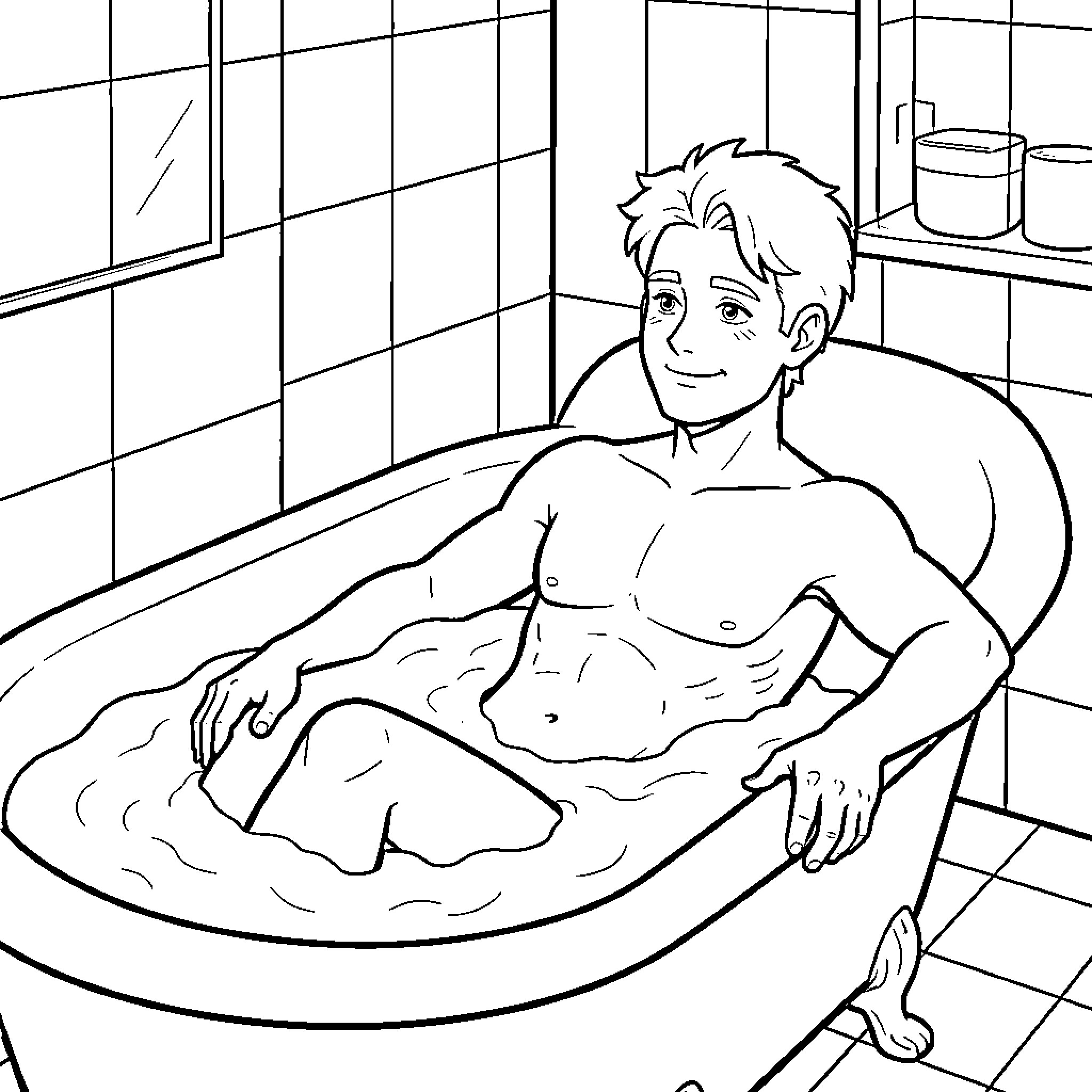 Bioman relaxing in a bathtub with a smile Coloring Page (free black-and-white line drawing printable PDF for all, from beginners to advanced learners, including children, teens, adults, and seniors)