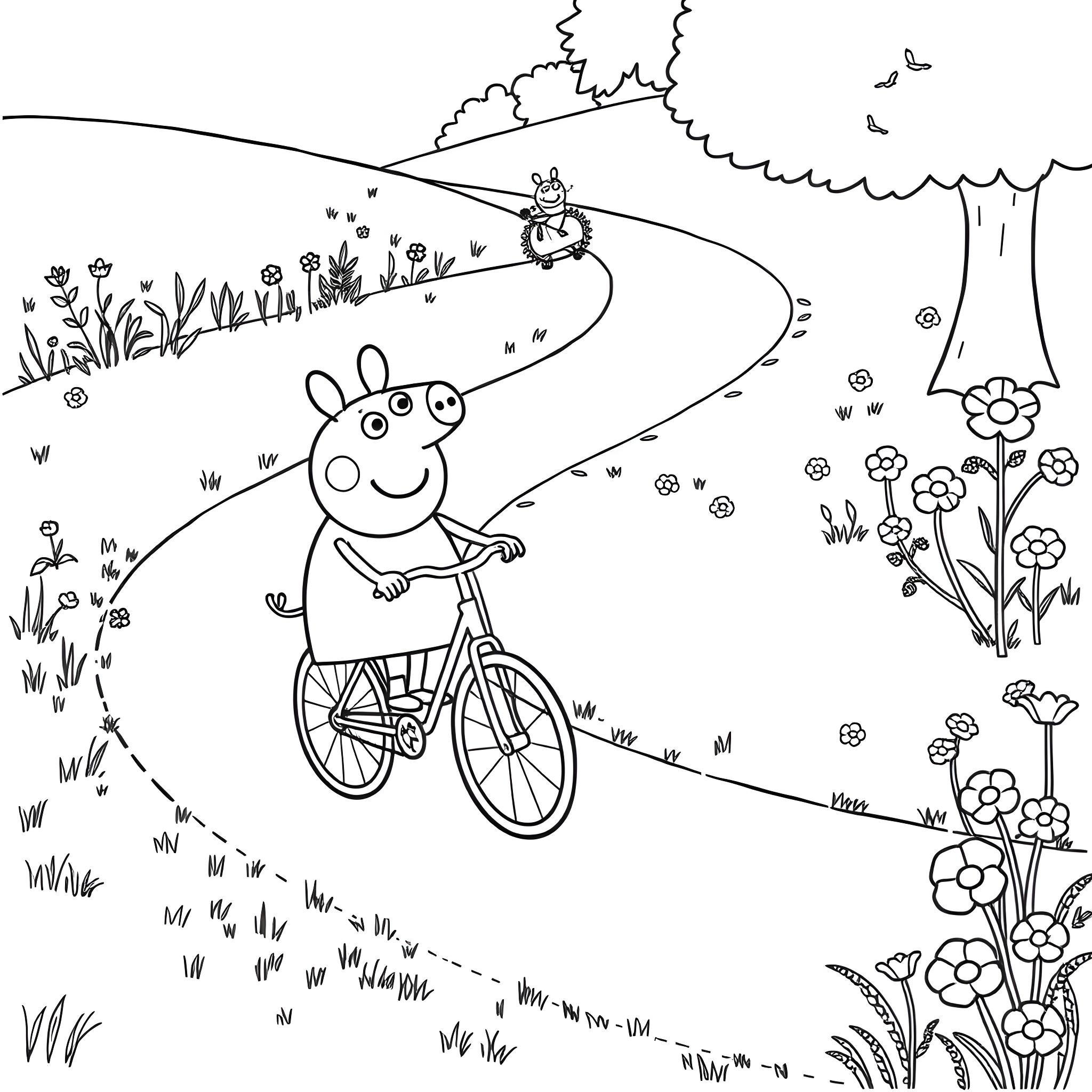 Peppa Pig riding a bicycle in the countryside Coloring Page (free black-and-white line drawing printable PDF for all, from beginners to advanced learners, including children, teens, adults, and seniors)