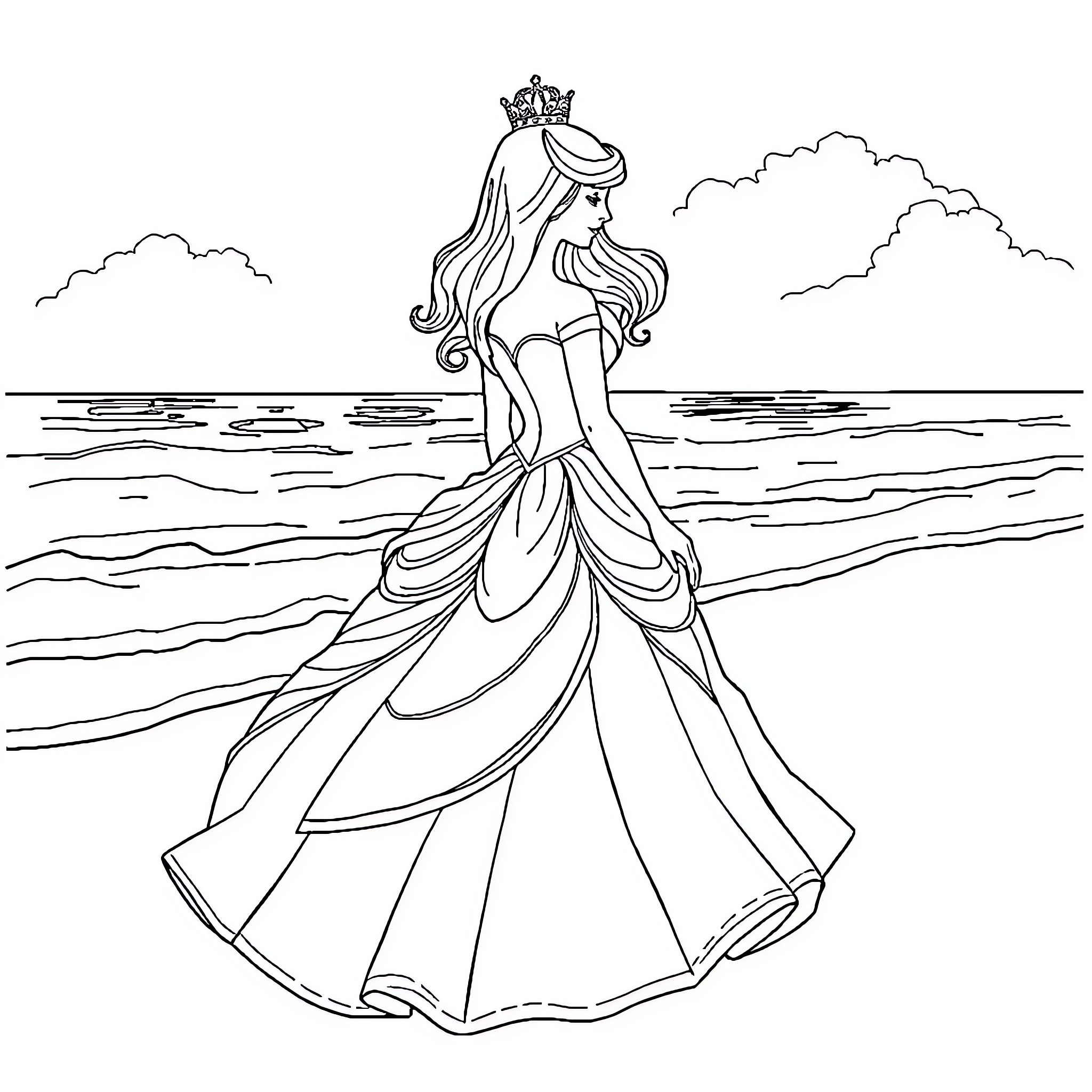 Princess walking gracefully by the sea Coloring Page (free black-and-white line drawing printable PDF for all, from beginners to advanced learners, including children, teens, adults, and seniors)