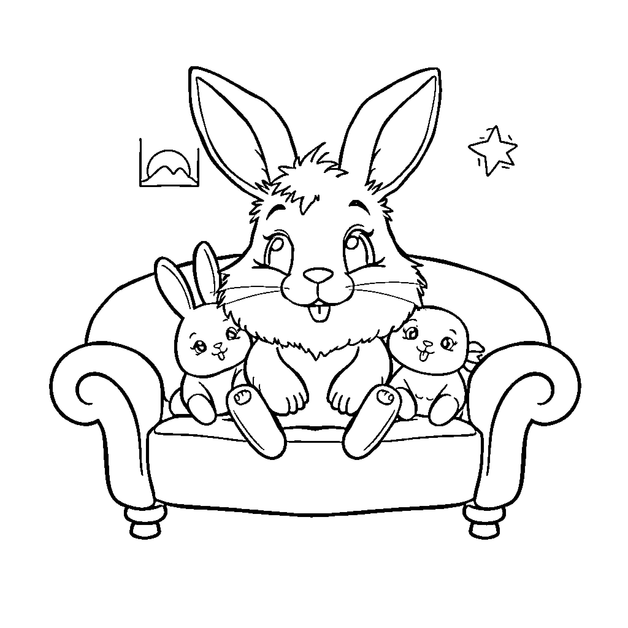 Rabbit family relaxing on a couch Coloring Page (free black-and-white line drawing printable PDF for all, from beginners to advanced learners, including children, teens, adults, and seniors)