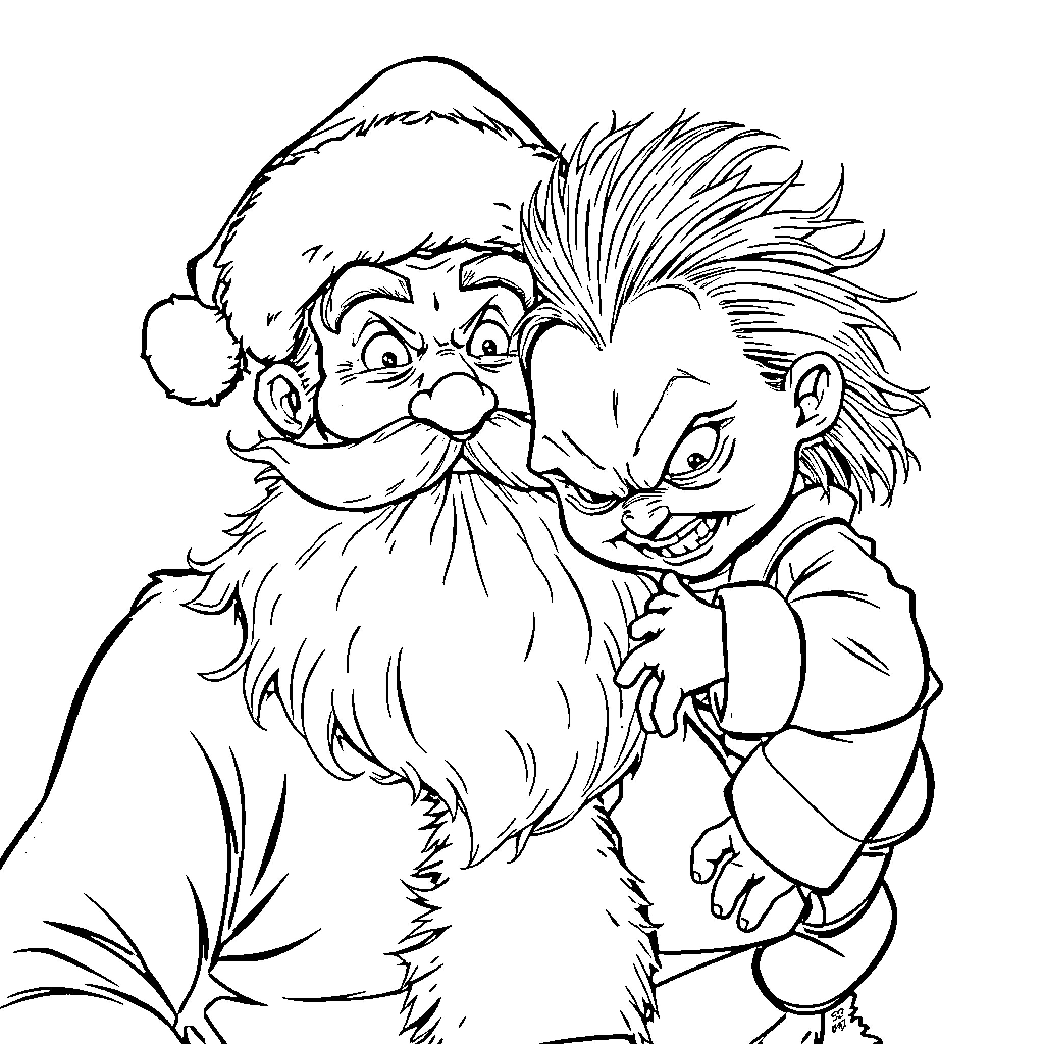 Santa and his mischievous elf companion Coloring Page (free black-and-white line drawing printable PDF for all, from beginners to advanced learners, including children, teens, adults, and seniors)
