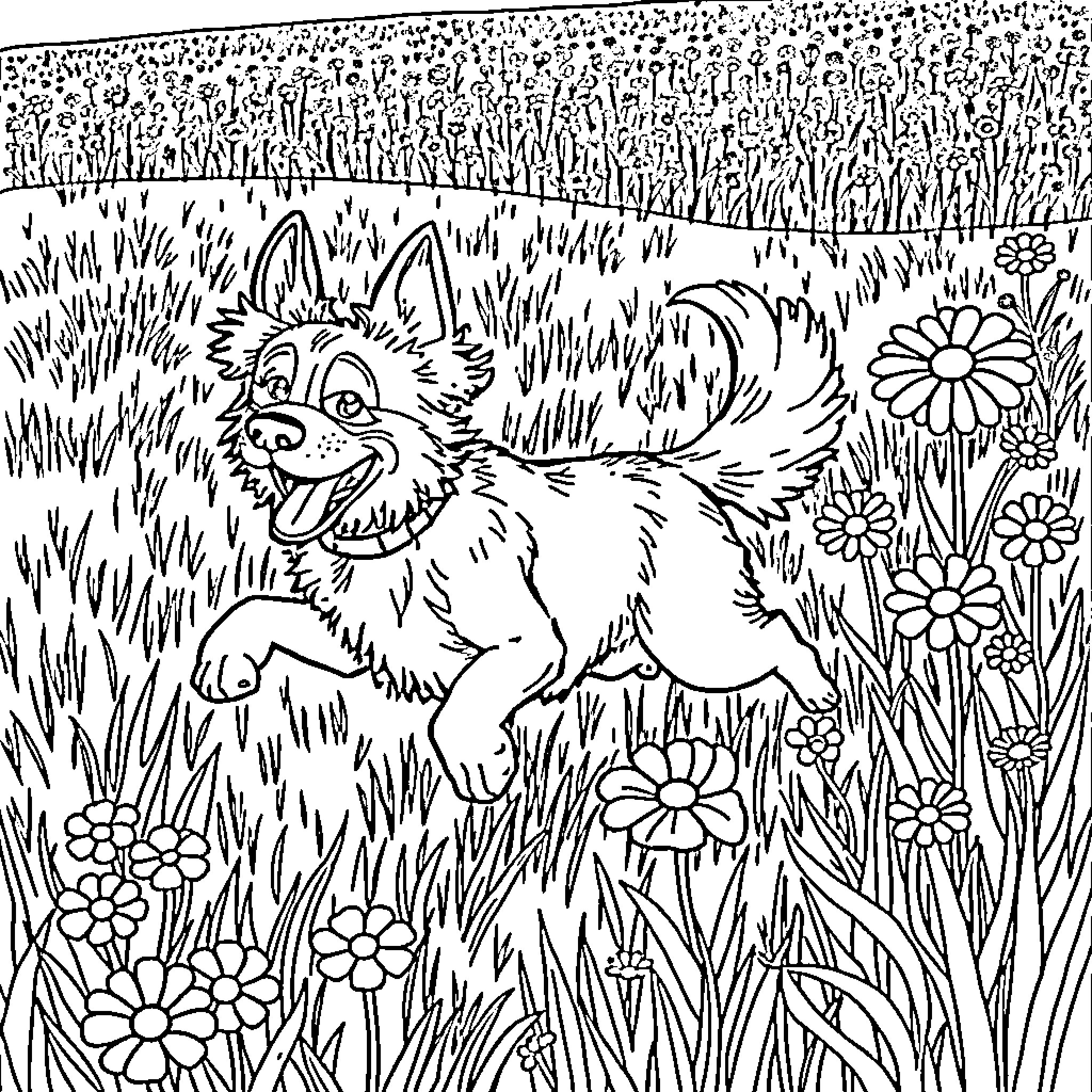 Dog frolicking joyfully in a flowery meadow Coloring Page (free black-and-white line drawing printable PDF for all, from beginners to advanced learners, including children, teens, adults, and seniors)