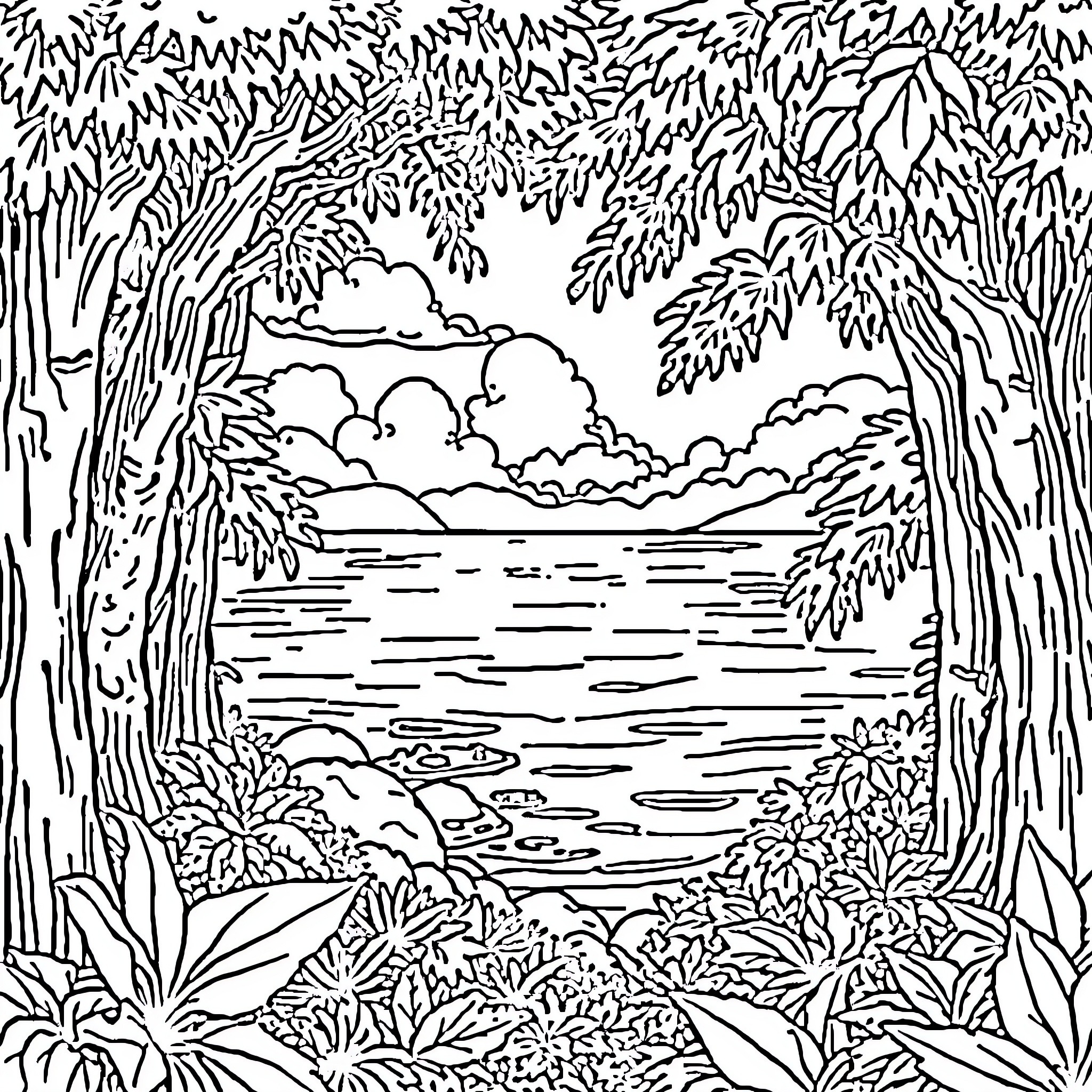 Forest and Sea Landscape in Black and White Coloring Page (free black-and-white line drawing printable PDF for all, from beginners to advanced learners, including children, teens, adults, and seniors)