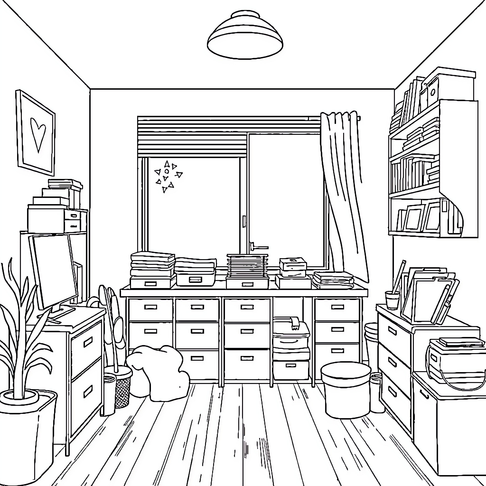 Teddy's Cozy Study Room with Bookshelves Coloring Page (free black-and-white line drawing printable PDF for all, from beginners to advanced learners, including children, teens, adults, and seniors)