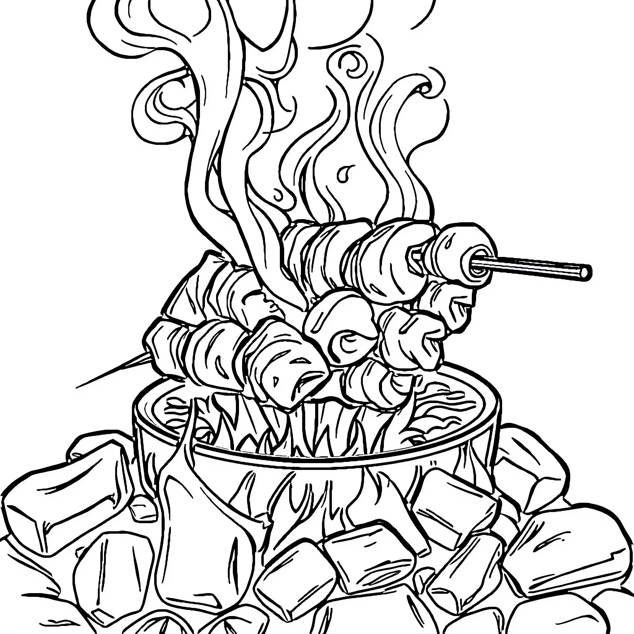 Satay Seller grilling skewered meat over open flame Coloring Page (free black-and-white line drawing printable PDF for all, from beginners to advanced learners, including children, teens, adults, and seniors)