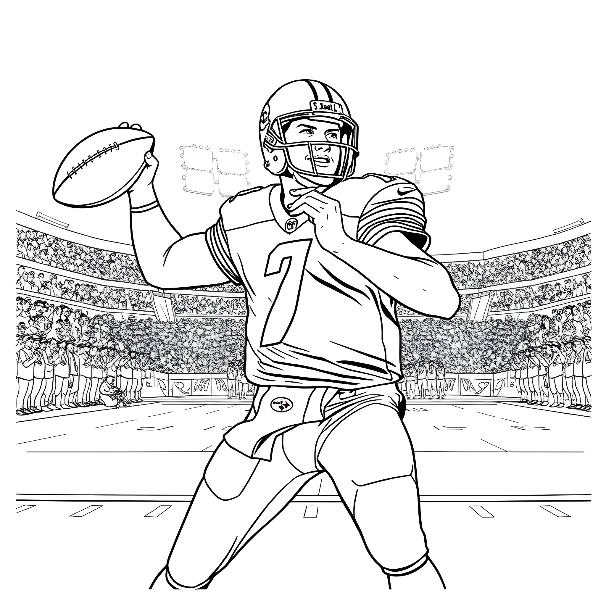 Ben Roethlisberger passing the football in the stadium Coloring Page (free black-and-white line drawing printable PDF for all, from beginners to advanced learners, including children, teens, adults, and seniors)