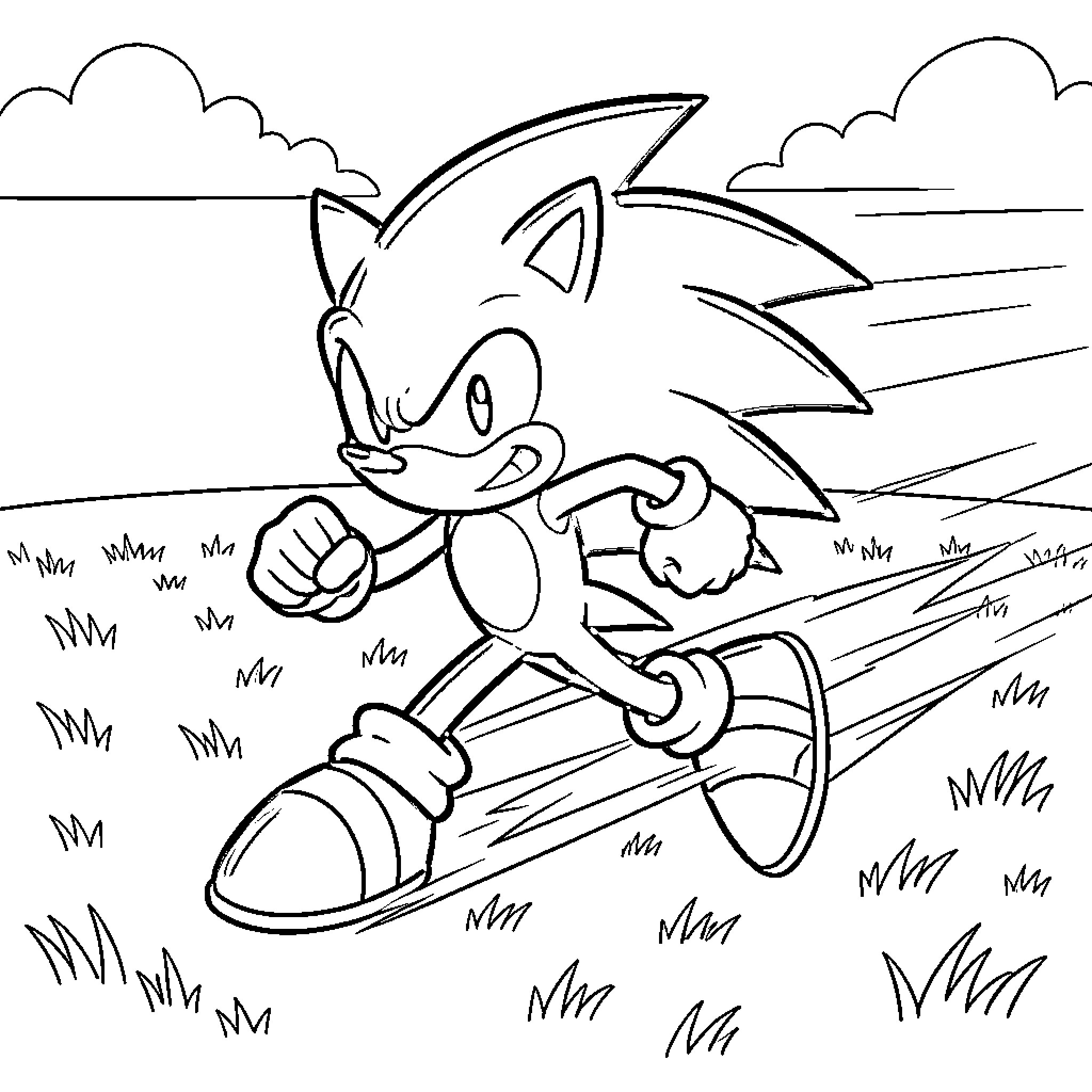 Sonic speeding through the grassy landscape Coloring Page (free black-and-white line drawing printable PDF for all, from beginners to advanced learners, including children, teens, adults, and seniors)