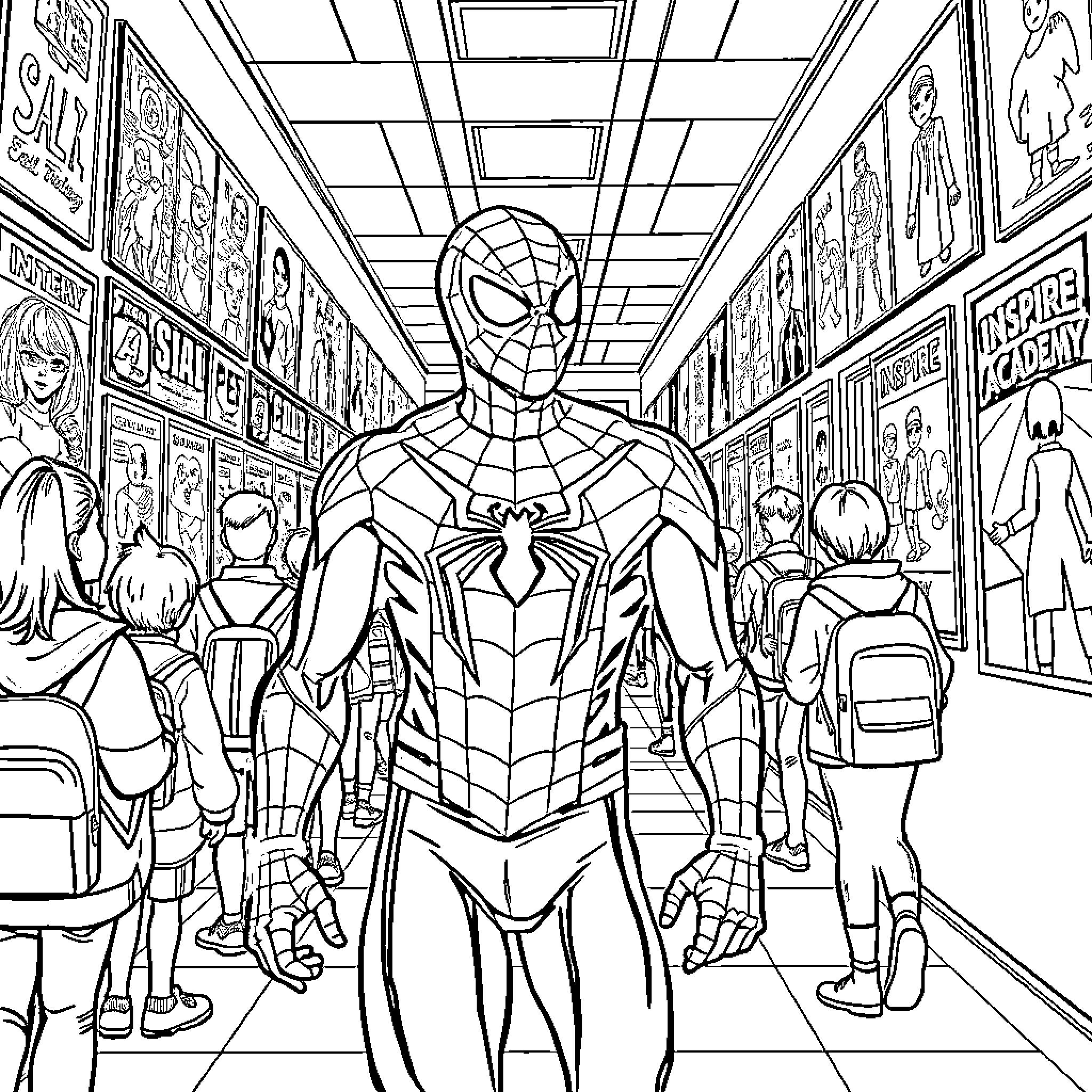 Spiderman in a Heroic Pose at School Coloring Page (free black-and-white line drawing printable PDF for all, from beginners to advanced learners, including children, teens, adults, and seniors)