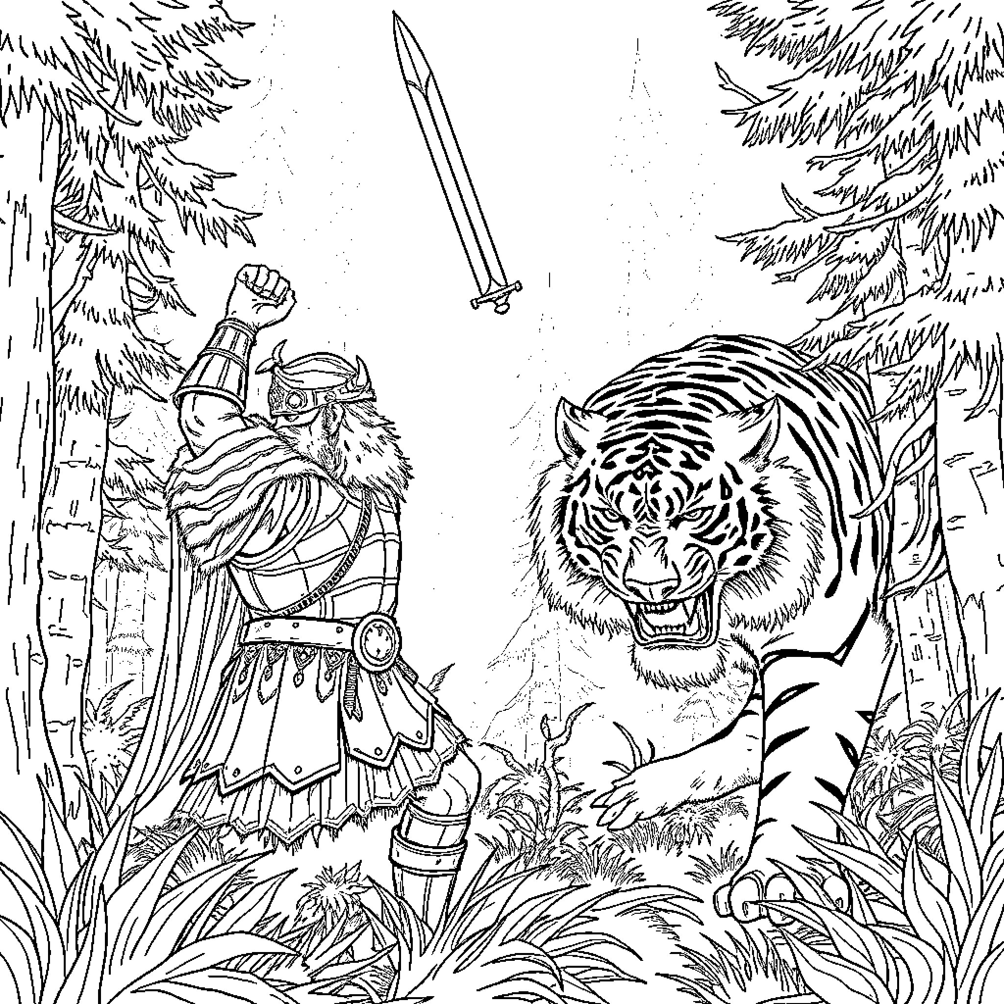 Viking Warrior Confronting Fierce Tiger in Enchanted Forest Coloring Page (free black-and-white line drawing printable PDF for all, from beginners to advanced learners, including children, teens, adults, and seniors)