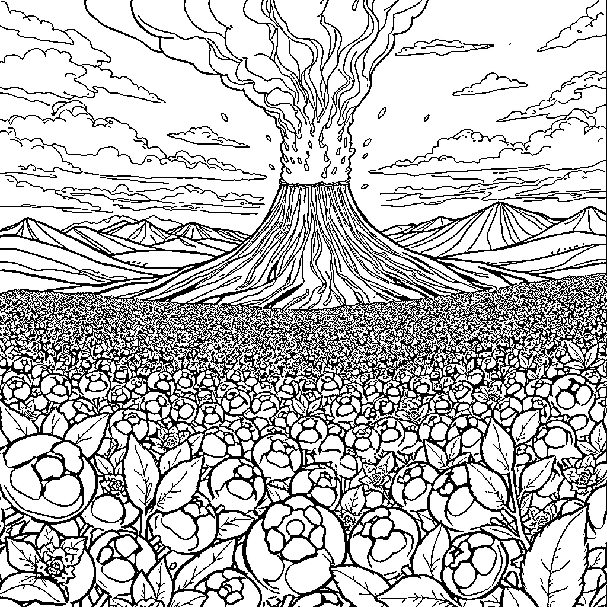 Volcano erupting dramatically over a field of flowers Coloring Page (free black-and-white line drawing printable PDF for all, from beginners to advanced learners, including children, teens, adults, and seniors)