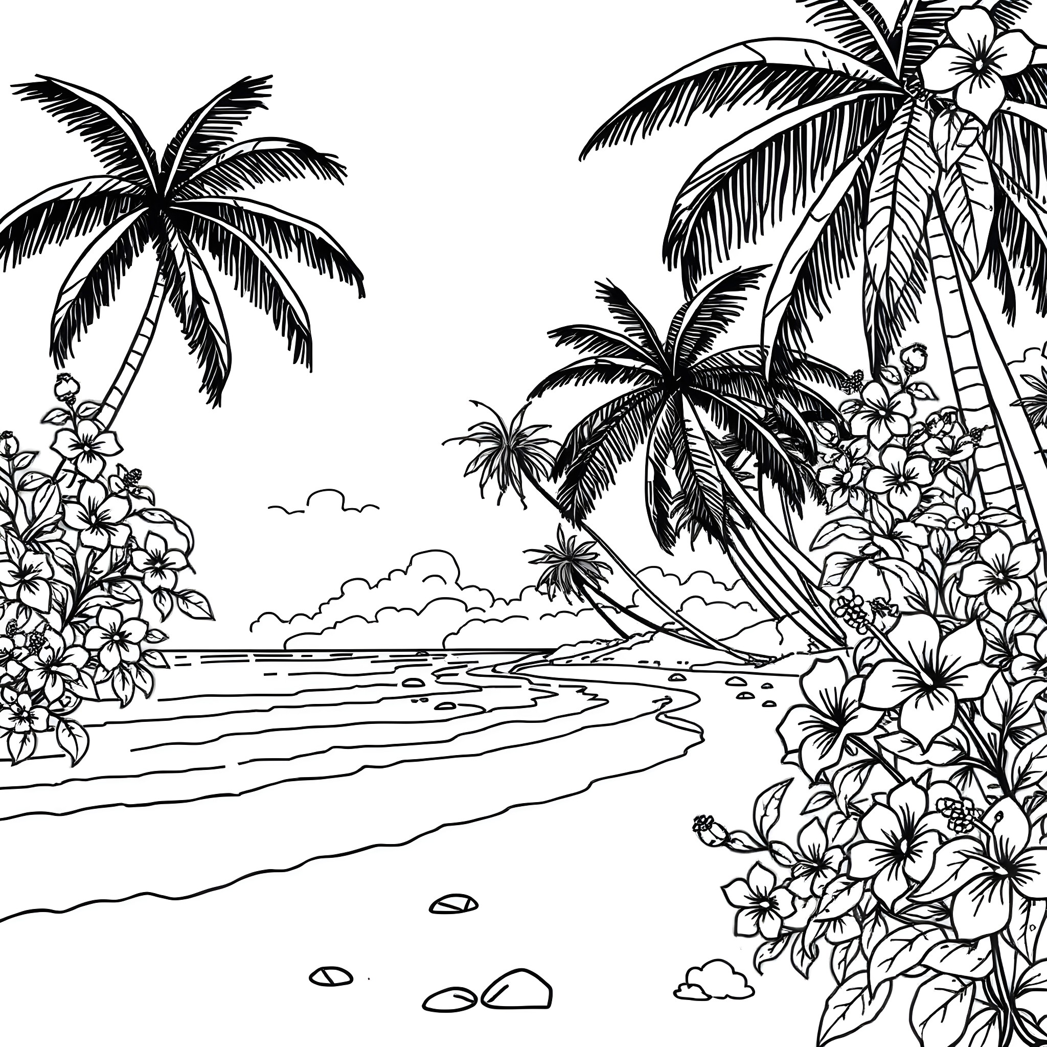Beach scene with palm trees and tropical flowers Coloring Page (free black-and-white line drawing printable PDF for all, from beginners to advanced learners, including children, teens, adults, and seniors)