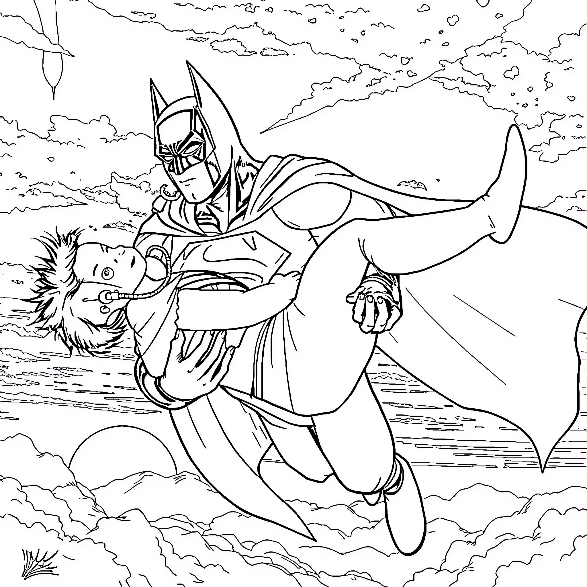 Batman Rescuing a Person in Stormy Sky Coloring Page (free black-and-white line drawing printable PDF for all, from beginners to advanced learners, including children, teens, adults, and seniors)