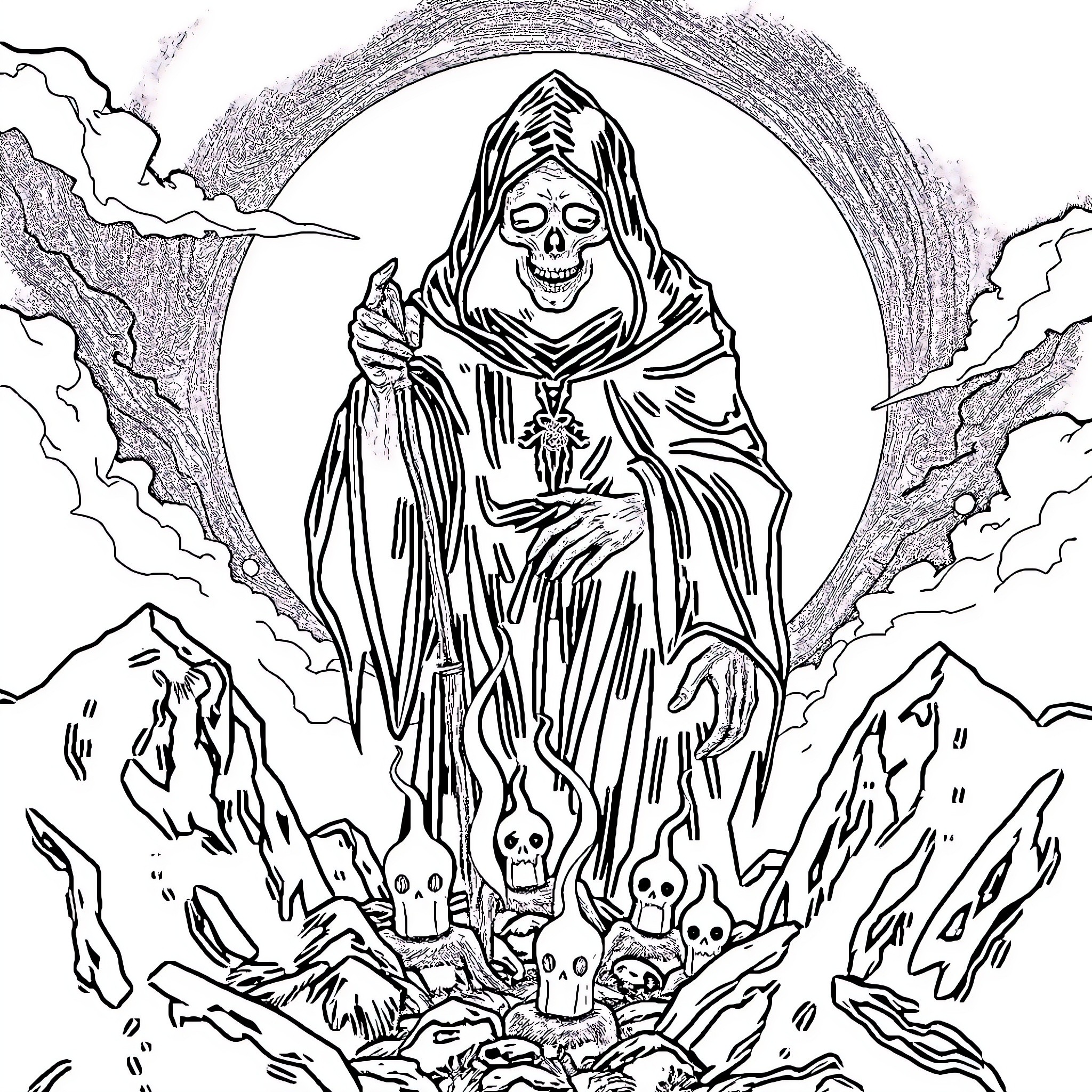 Reaper Looming Over Skeletal Landscape Coloring Page (free black-and-white line drawing printable PDF for all, from beginners to advanced learners, including children, teens, adults, and seniors)