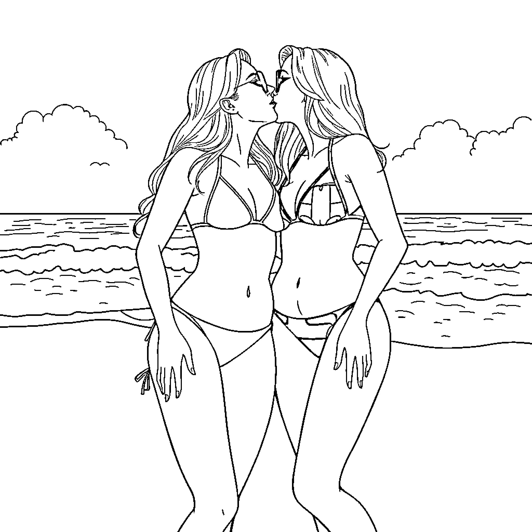 Lady companions embracing on the beach Coloring Page (free black-and-white line drawing printable PDF for all, from beginners to advanced learners, including children, teens, adults, and seniors)