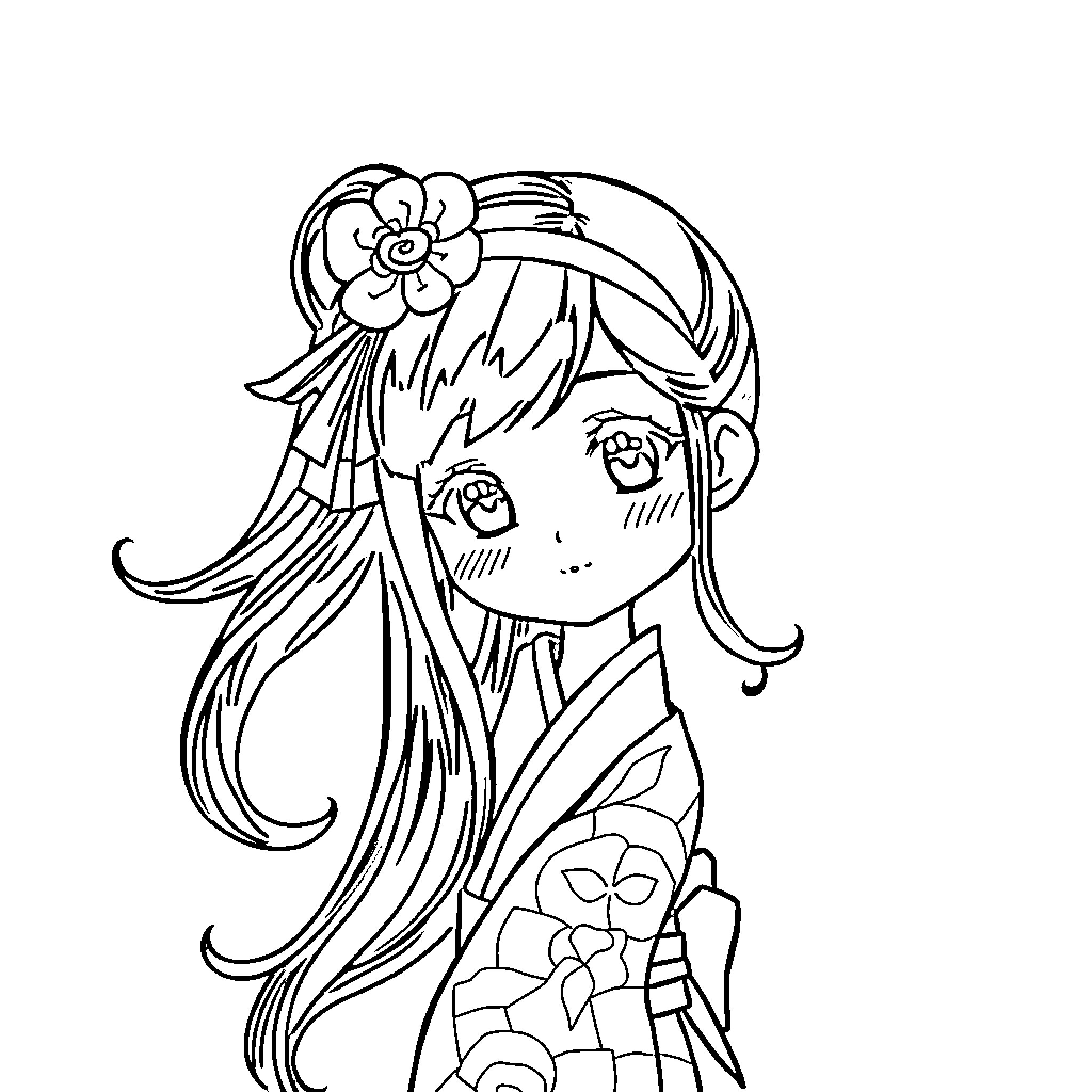 Girl with long flowing hair and floral hair accessory Coloring Page (free black-and-white line drawing printable PDF for all, from beginners to advanced learners, including children, teens, adults, and seniors)