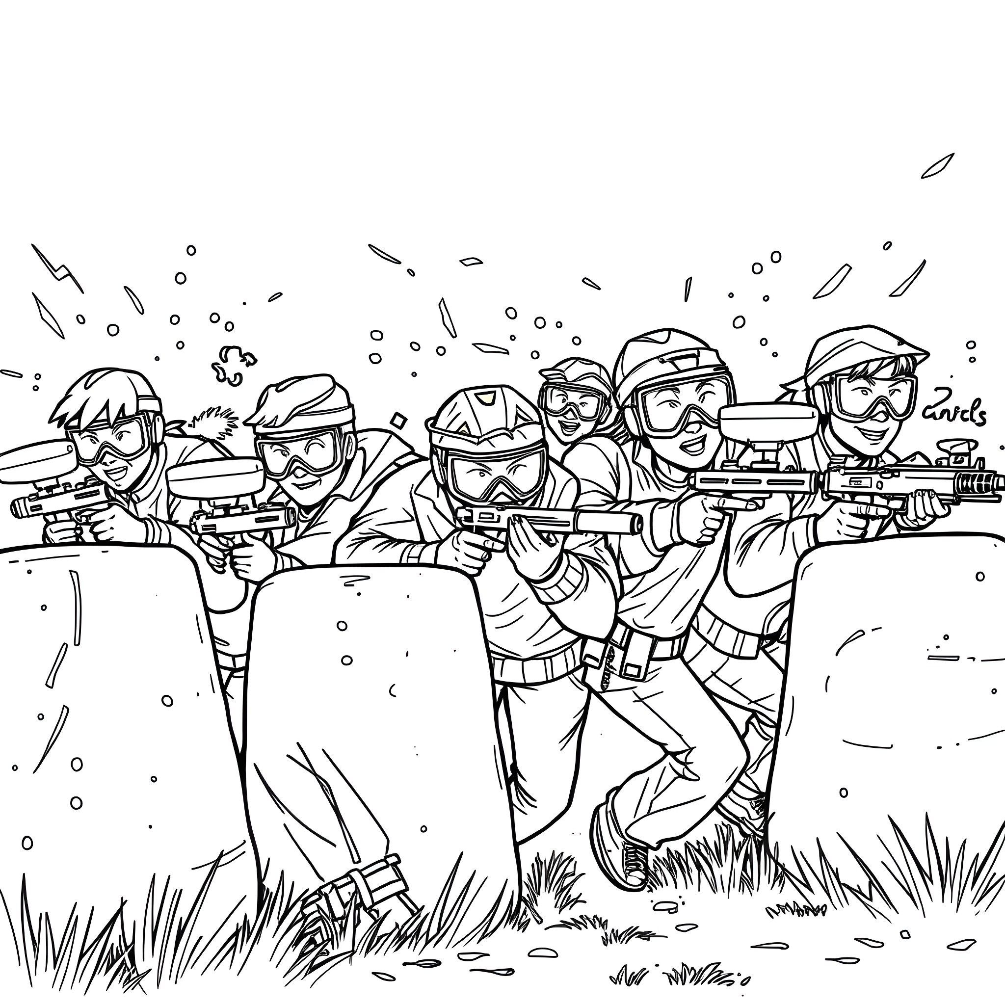 Character group in military combat gear on the field Coloring Page (free black-and-white line drawing printable PDF for all, from beginners to advanced learners, including children, teens, adults, and seniors)