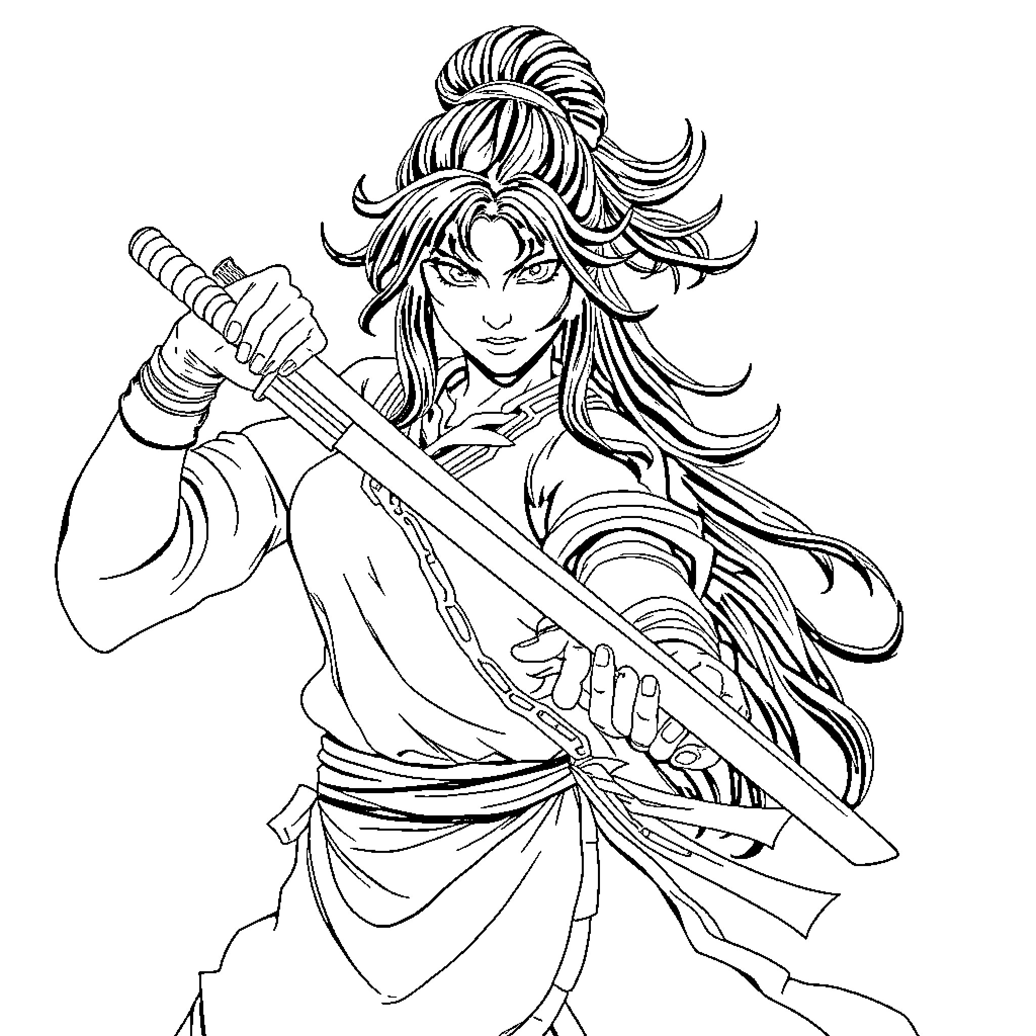 Roronoa Zoro wielding swords in action stance Coloring Page (free black-and-white line drawing printable PDF for all, from beginners to advanced learners, including children, teens, adults, and seniors)