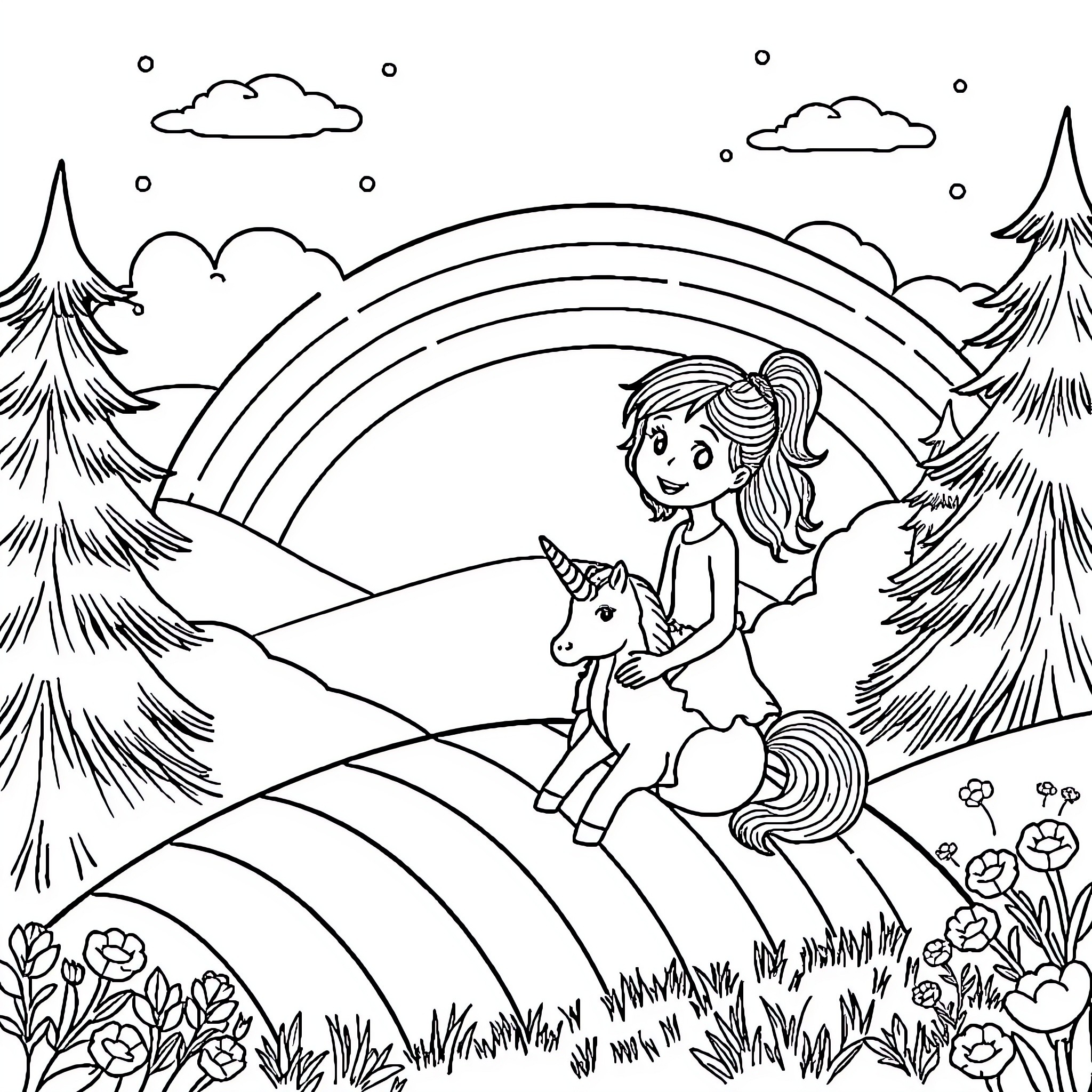 Girl Riding Unicorn in Enchanted Forest Coloring Page (free black-and-white line drawing printable PDF for all, from beginners to advanced learners, including children, teens, adults, and seniors)