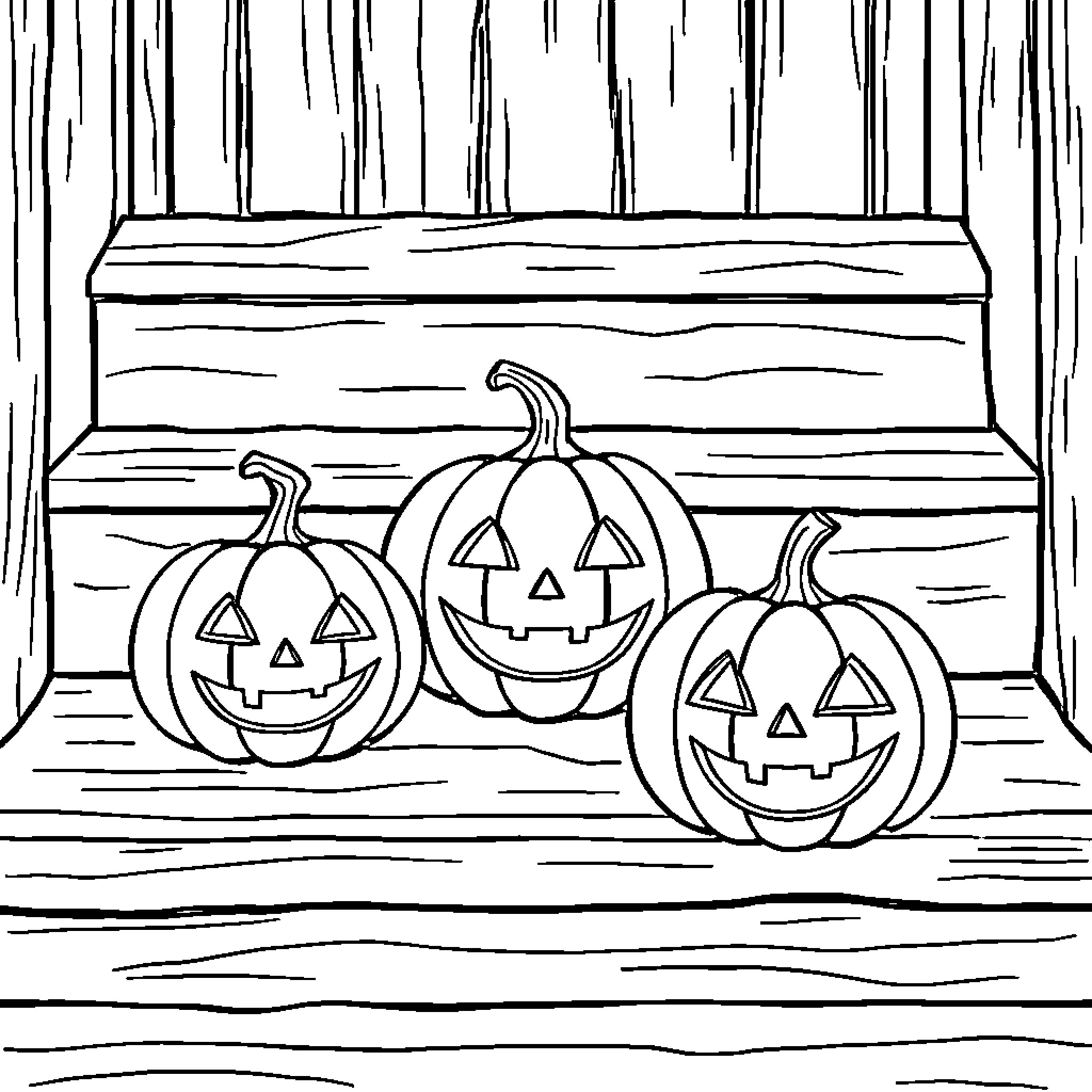 Pumpkins carved with faces on wooden bench Coloring Page (free black-and-white line drawing printable PDF for all, from beginners to advanced learners, including children, teens, adults, and seniors)