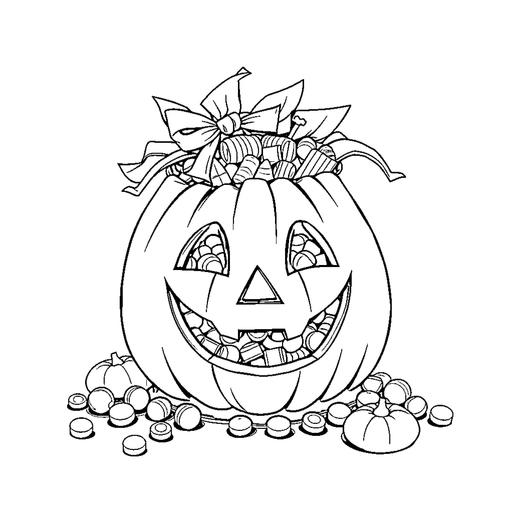 Candy Bag Overflowing with Treats and Halloween Decor Coloring Page (free black-and-white line drawing printable PDF for all, from beginners to advanced learners, including children, teens, adults, and seniors)
