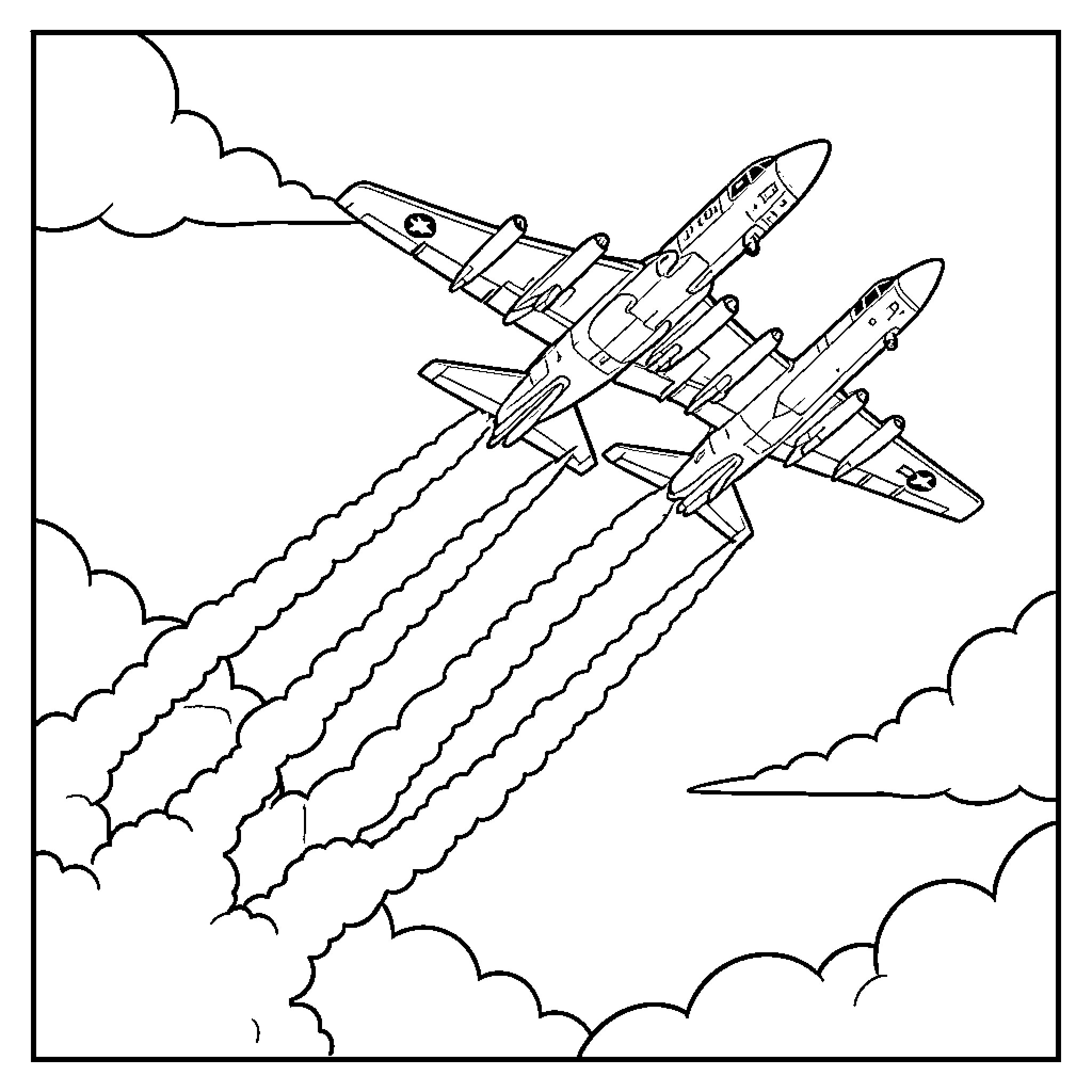 Aircraft launching missiles in the sky Coloring Page (free black-and-white line drawing printable PDF for all, from beginners to advanced learners, including children, teens, adults, and seniors)