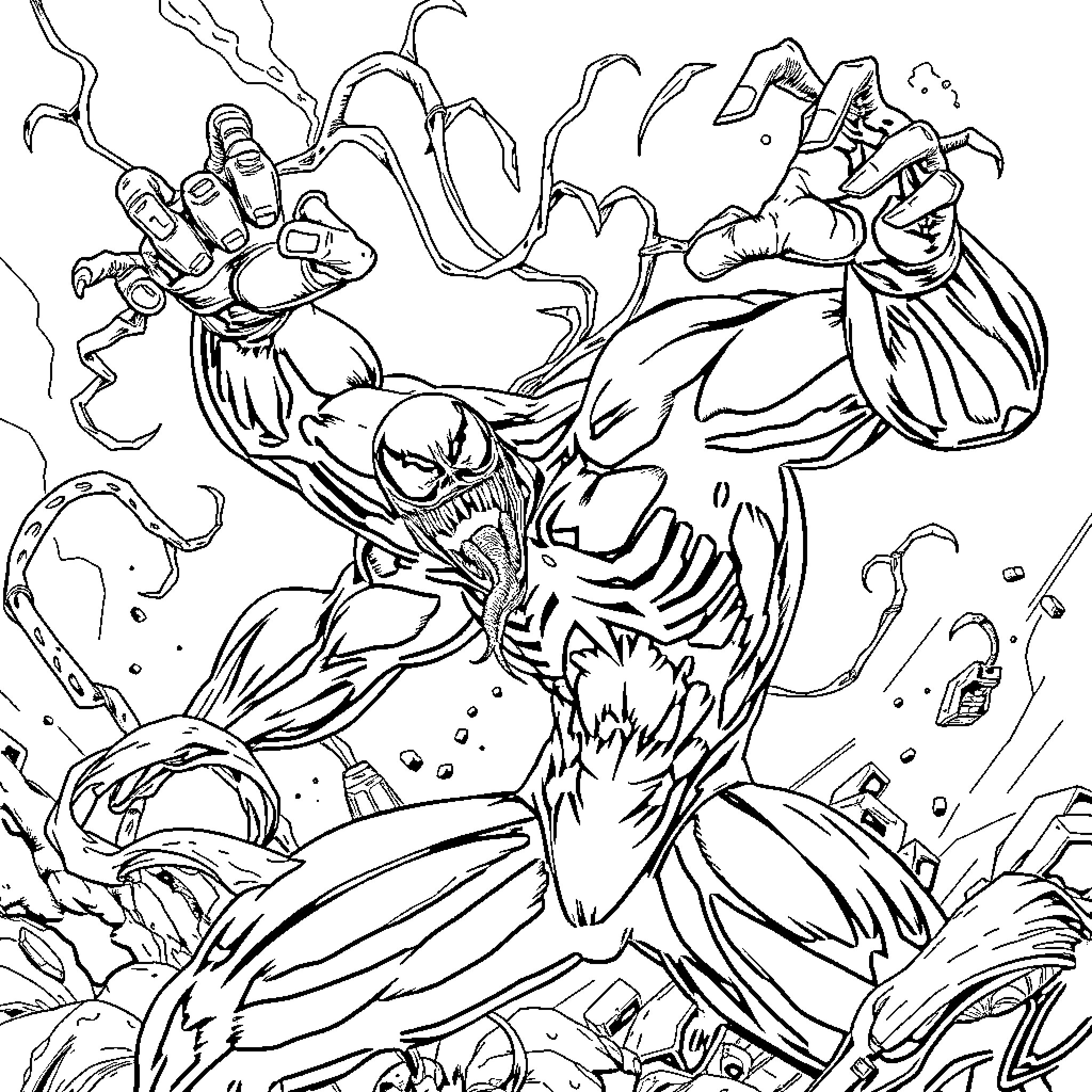 Venom's Fierce Encounter Coloring Page (free black-and-white line drawing printable PDF for all, from beginners to advanced learners, including children, teens, adults, and seniors)