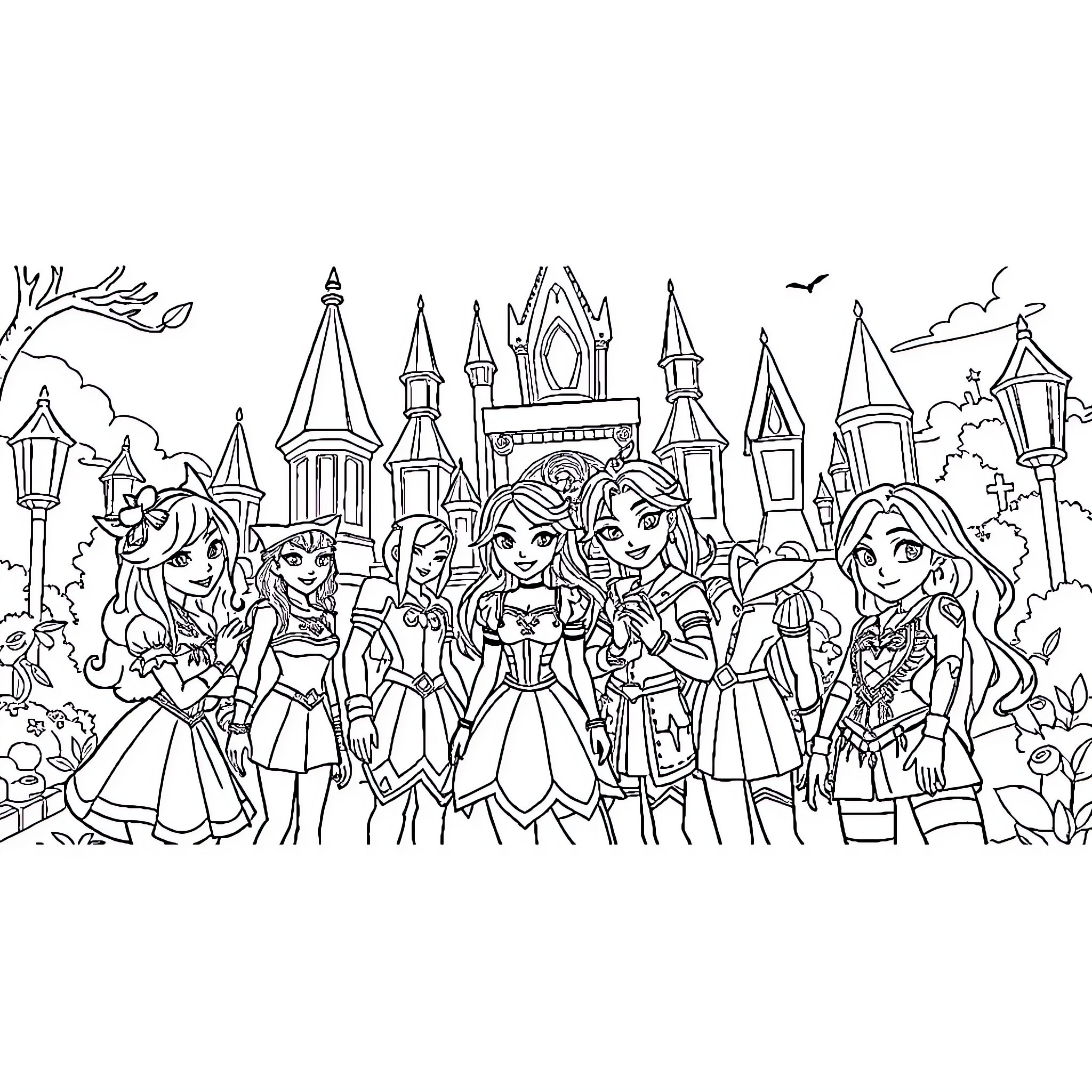 Descendants Gathering at Fantasy Castle Coloring Page (free black-and-white line drawing printable PDF for all, from beginners to advanced learners, including children, teens, adults, and seniors)