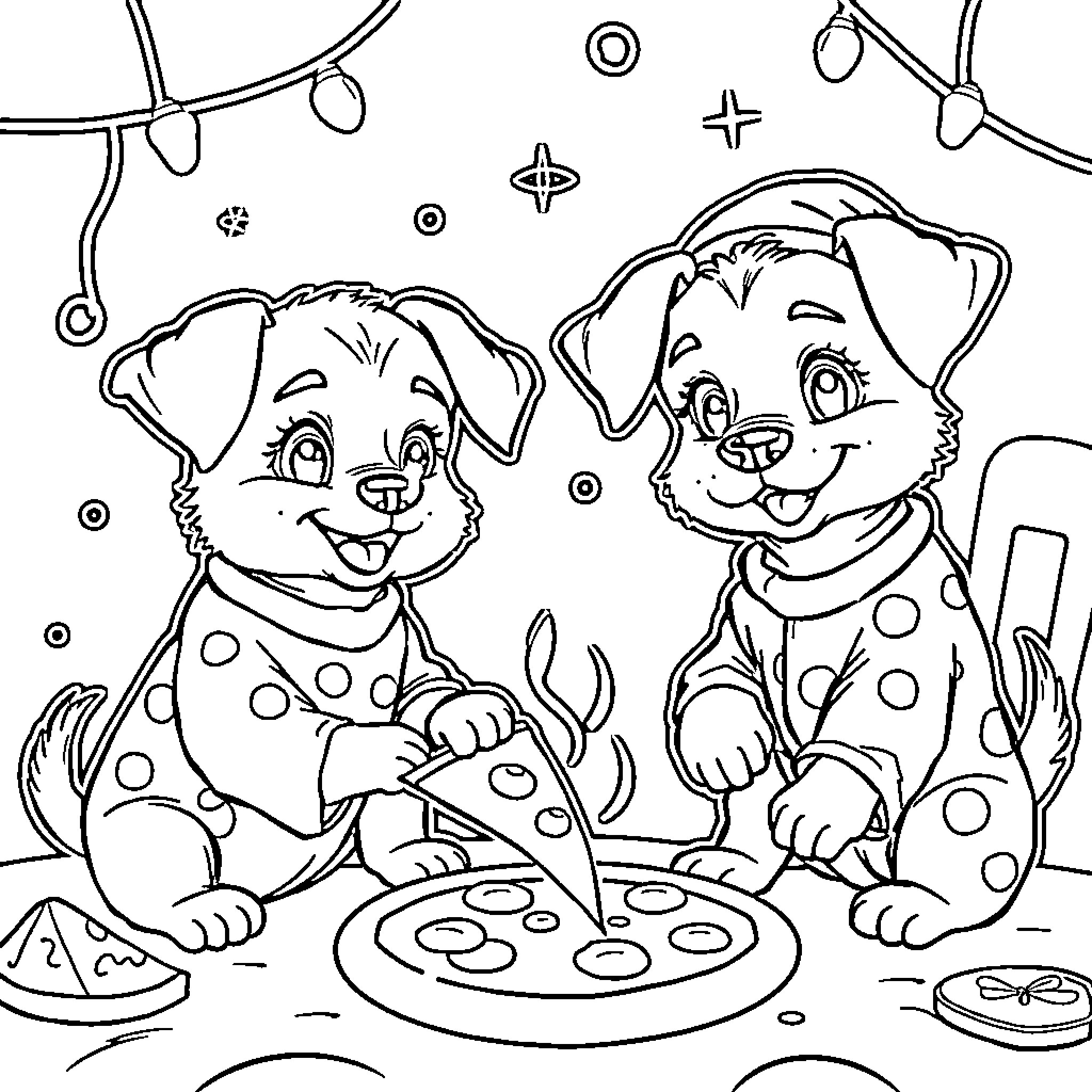 Puppies playing with treats under Christmas lights Coloring Page (free black-and-white line drawing printable PDF for all, from beginners to advanced learners, including children, teens, adults, and seniors)