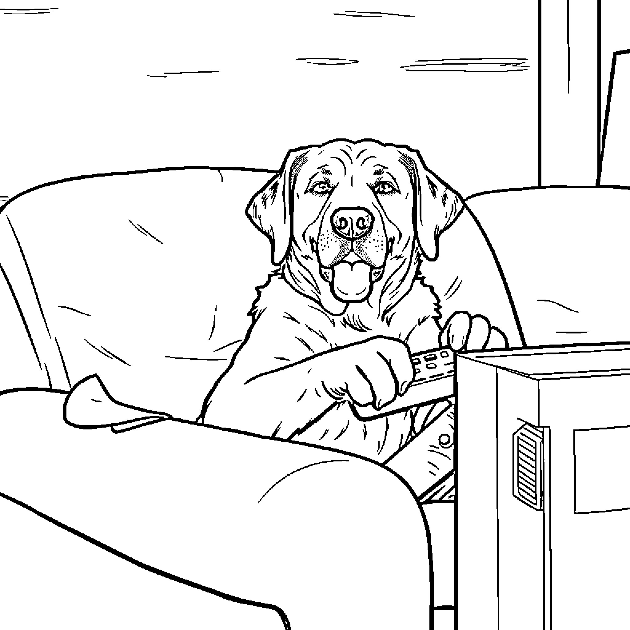 Labrador relaxing on the couch with remote control Coloring Page (free black-and-white line drawing printable PDF for all, from beginners to advanced learners, including children, teens, adults, and seniors)